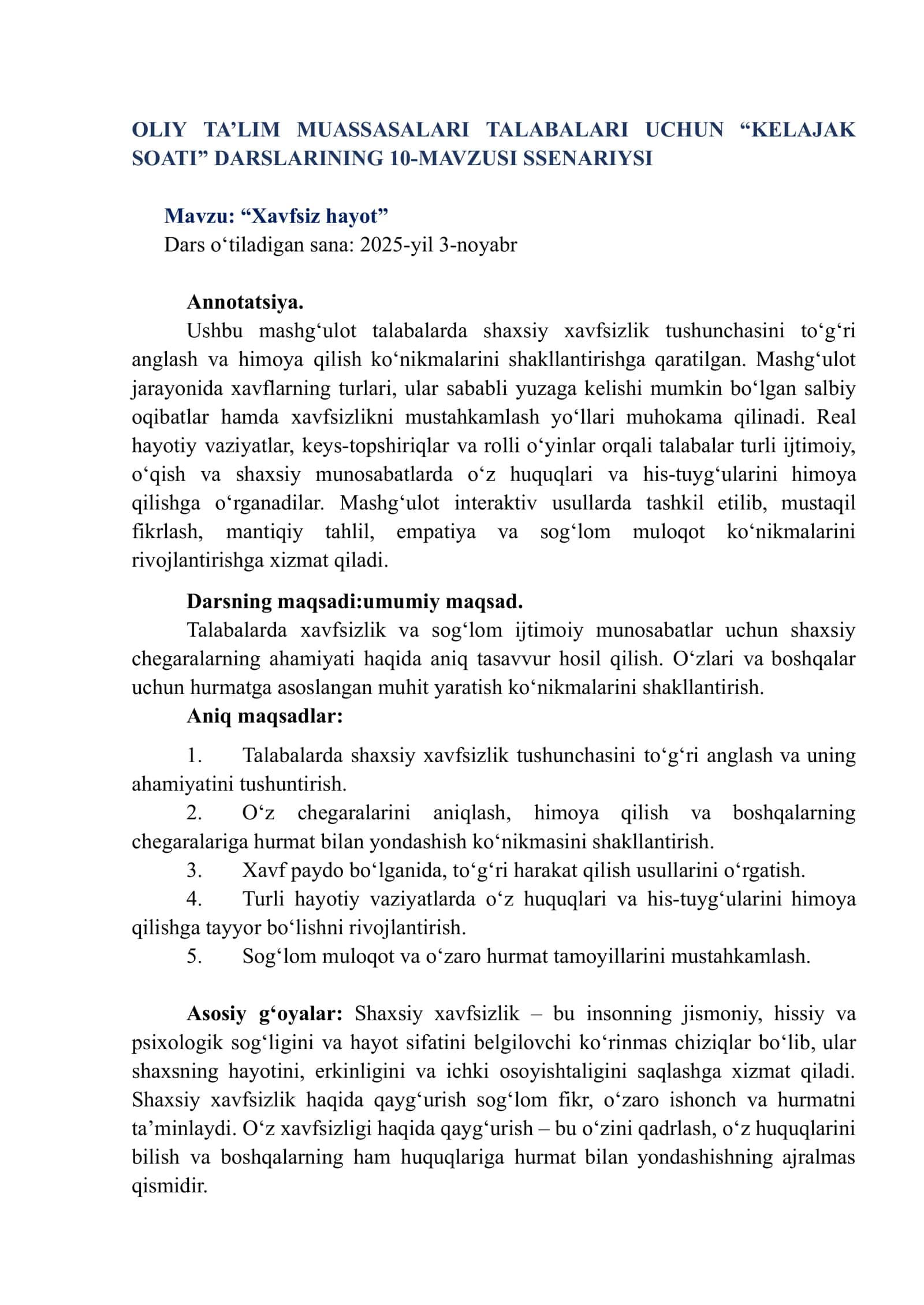 Xavfsiz hayot. dars ishlanmasi