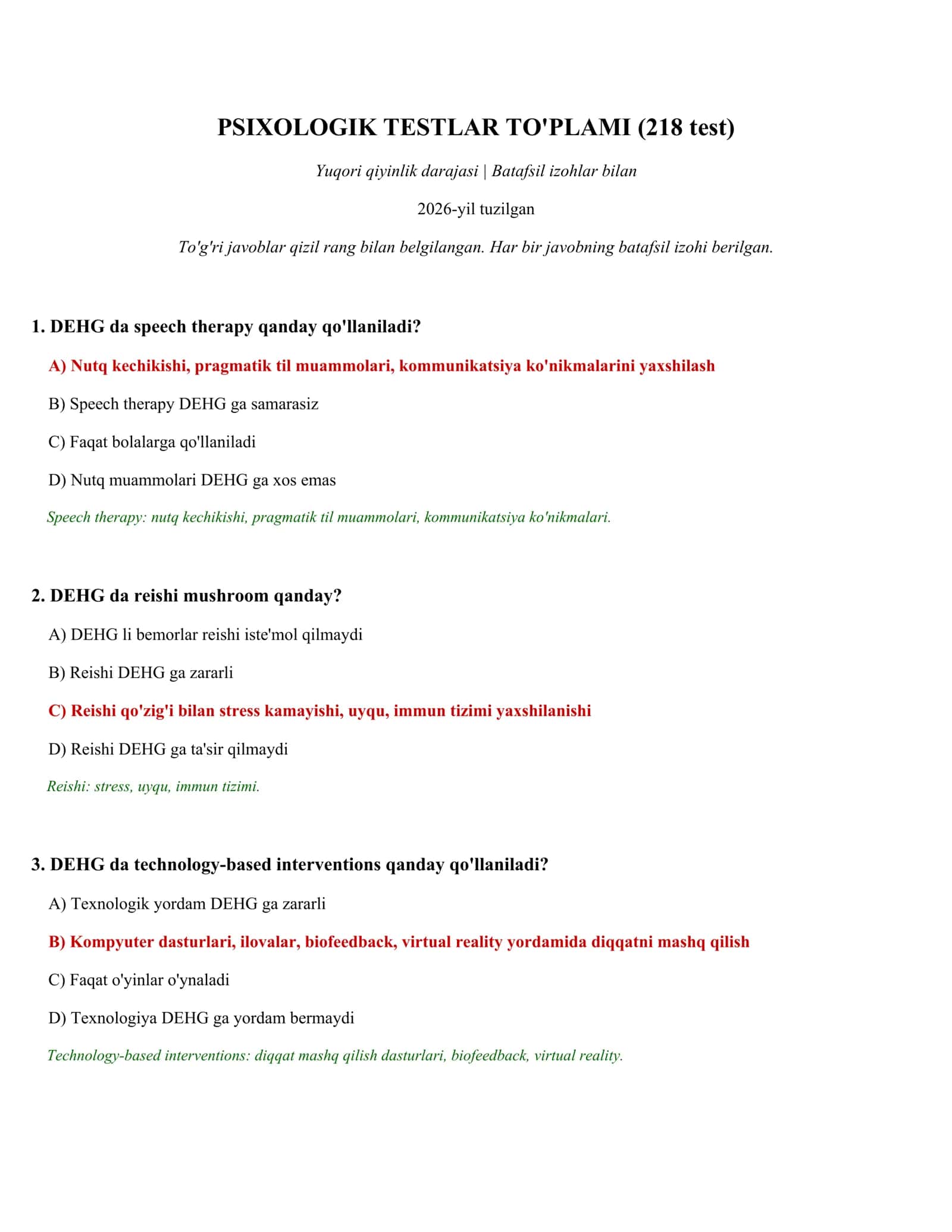 PSIXOLOGIK TESTLAR TO'PLAMI (218 test)