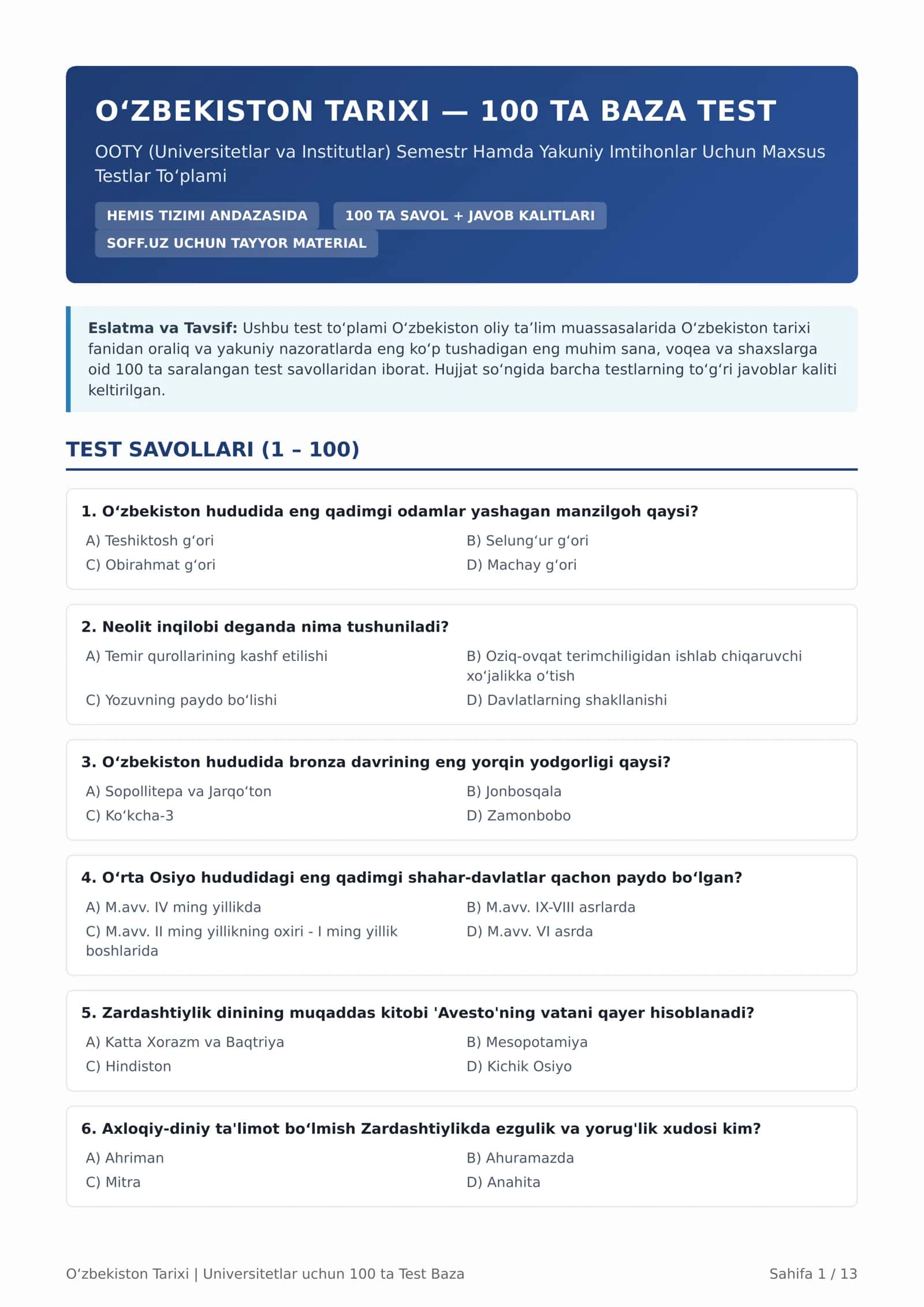 O'zbekiston tarixi 100 ta test to'plami
