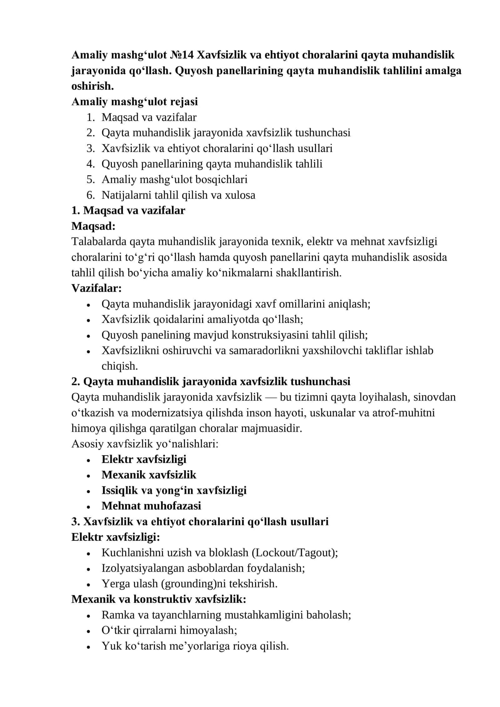 Amaliy mashg‘ulot №14 Xavfsizlik va ehtiyot choralarini qayta muhandislik jarayonida qo‘llash. Quyosh panellarining qayta muhandislik tahlilini amalga oshirish