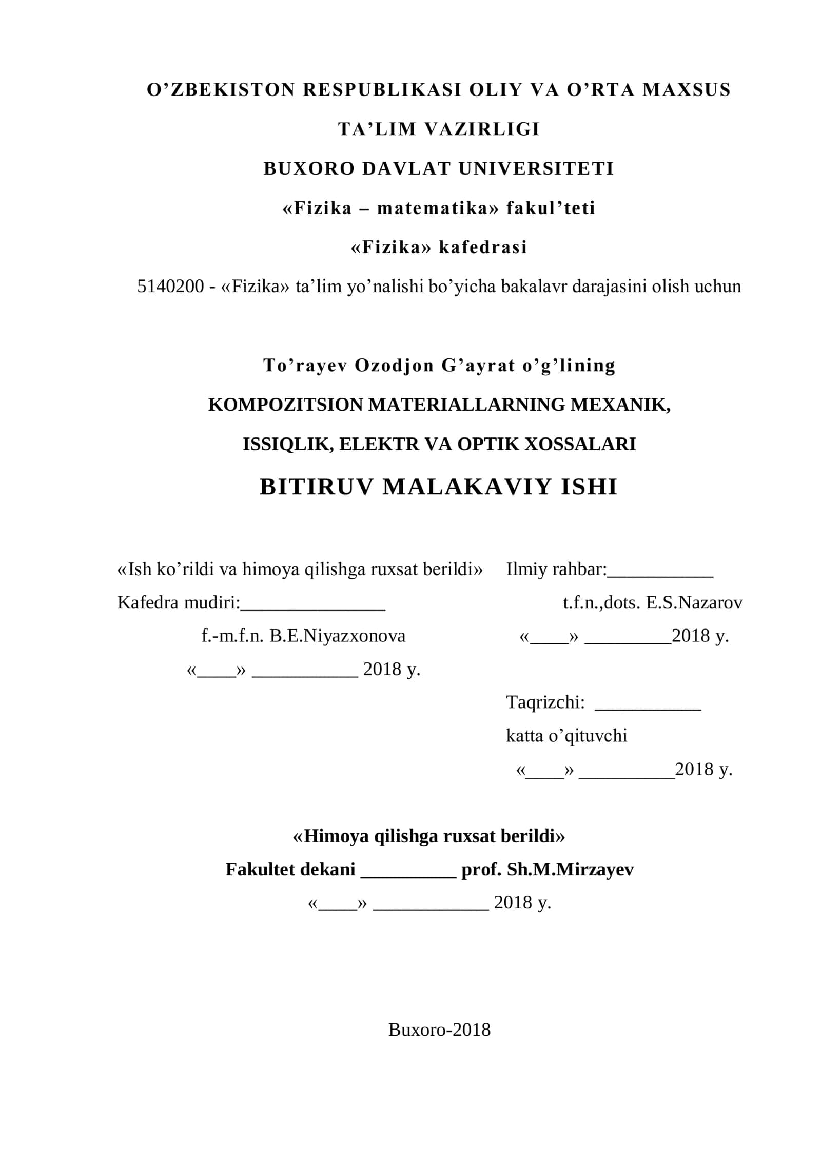 KOMPOZITSION MATERIALLARNING MEXANIK, ISSIQLIK, ELEKTR VA OPTIK XOSSALARI