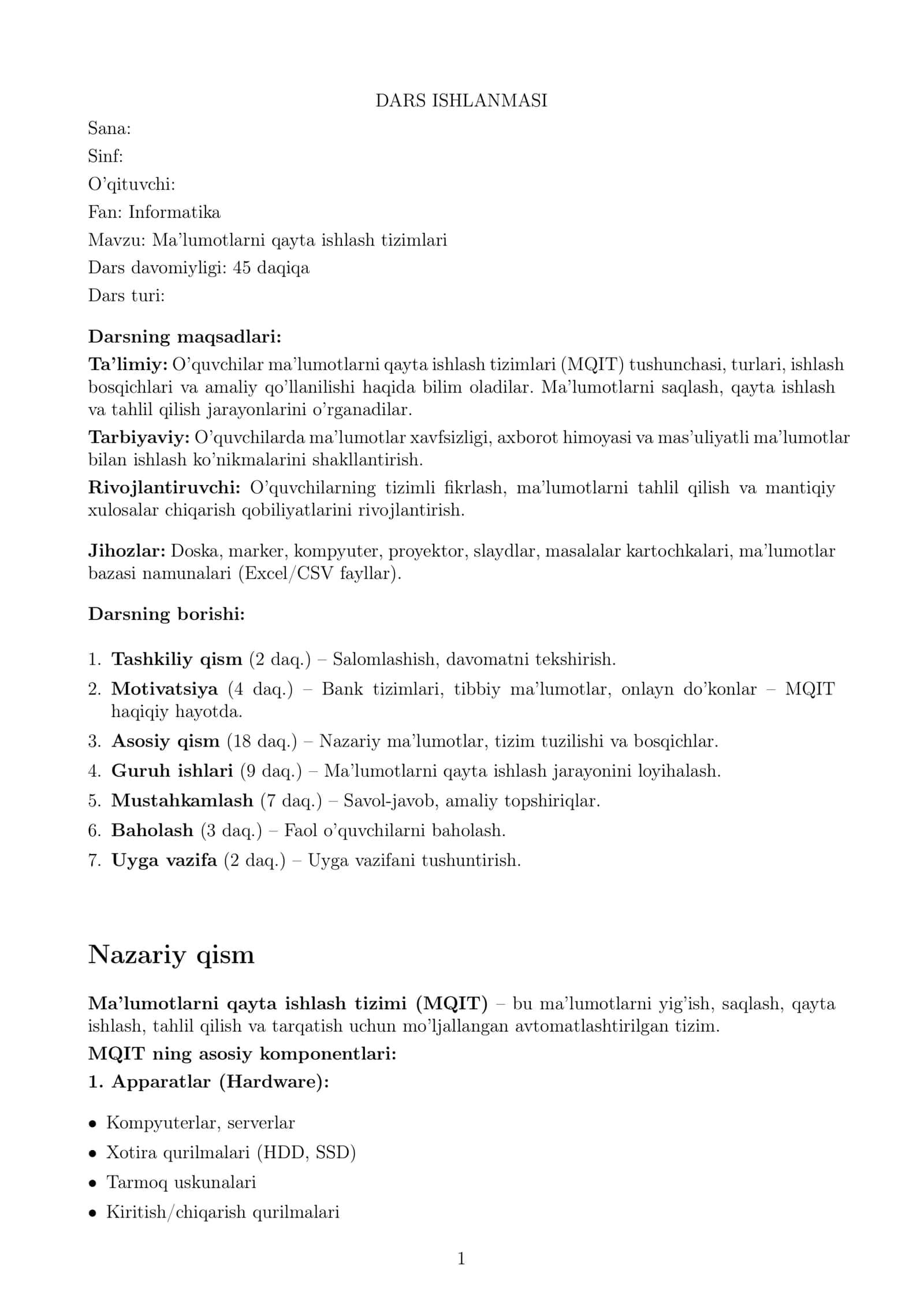 Ma’lumotlarni qayta ishlash tizimlari (Dars ishlanmasi)