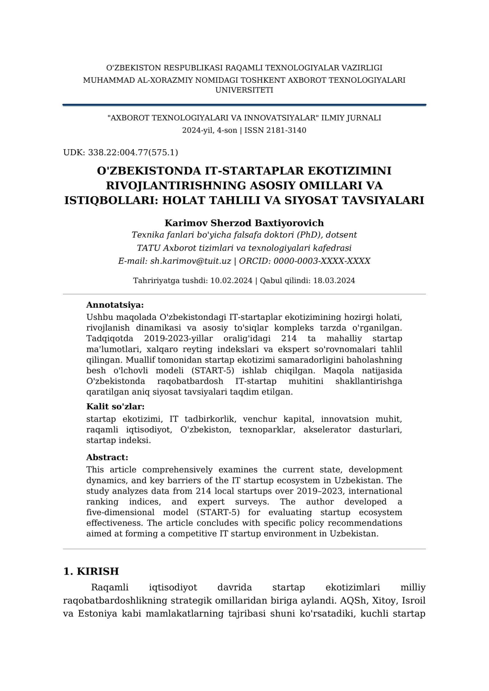O'zbekistonda IT-Startaplar Ekotizimini Rivojlantirishning Asosiy Omillari va Istiqbollari: Holat Tahlili va Siyosat Tavsiyalari