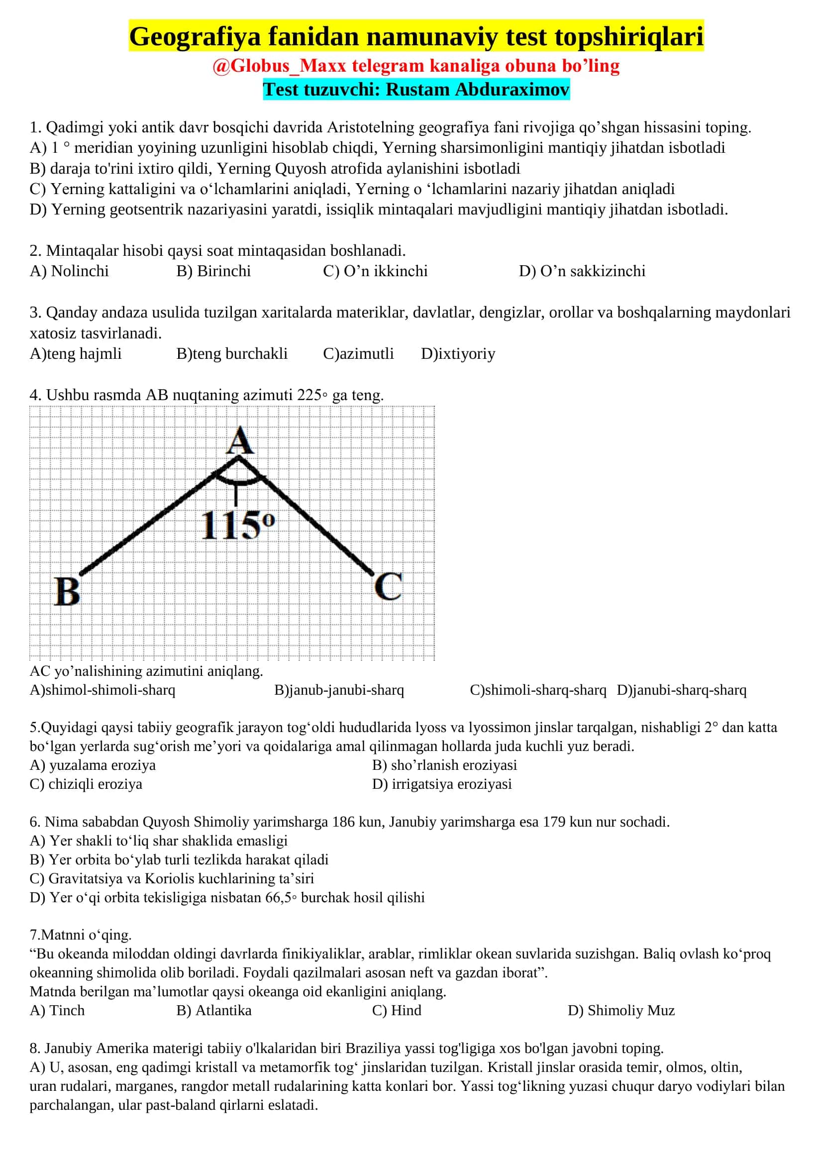 Geografiya fanidan namunaviy test topshiriqlari