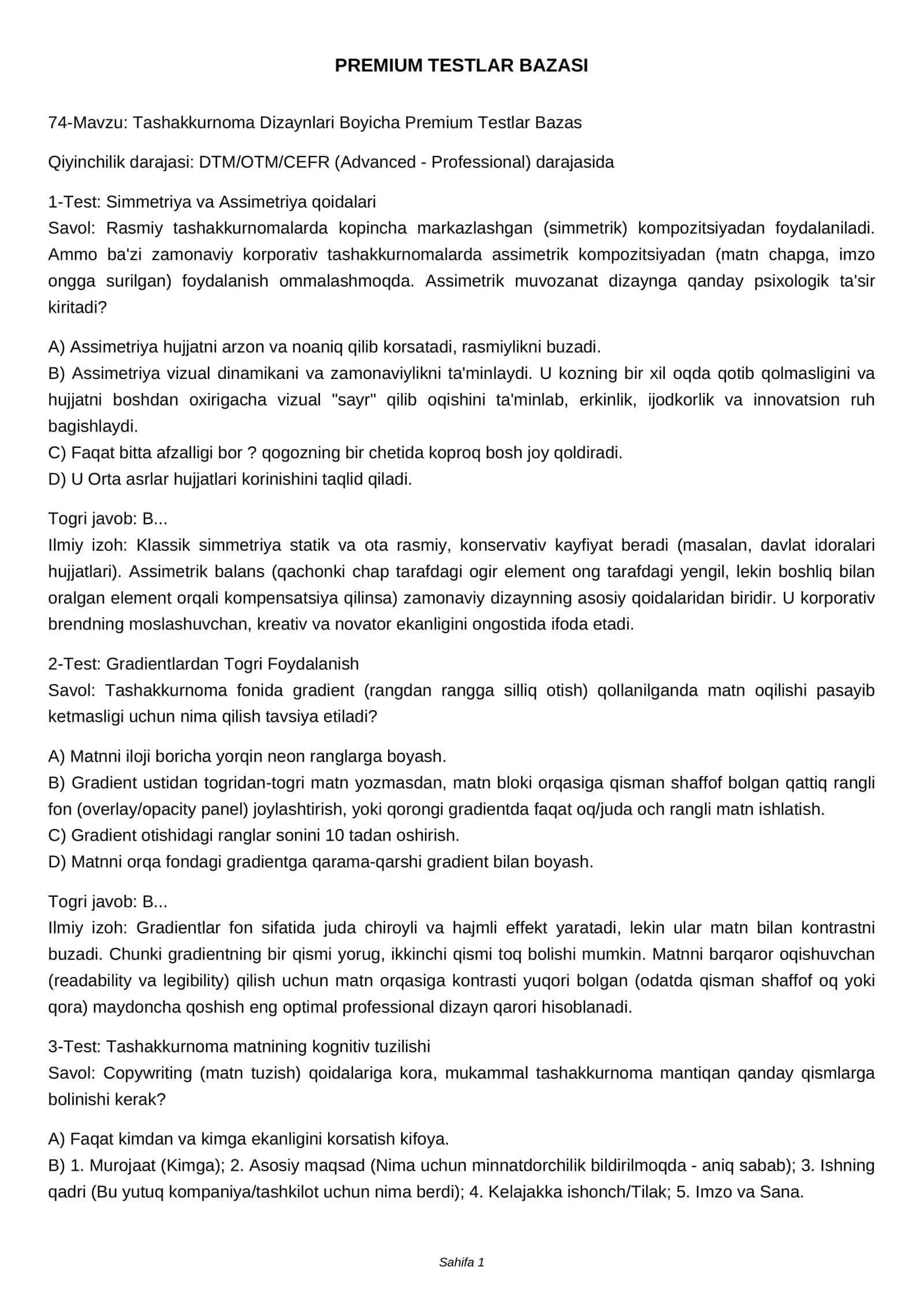 Tashakkurnoma Dizaynlari Boyicha Premium Testlar Bazasi