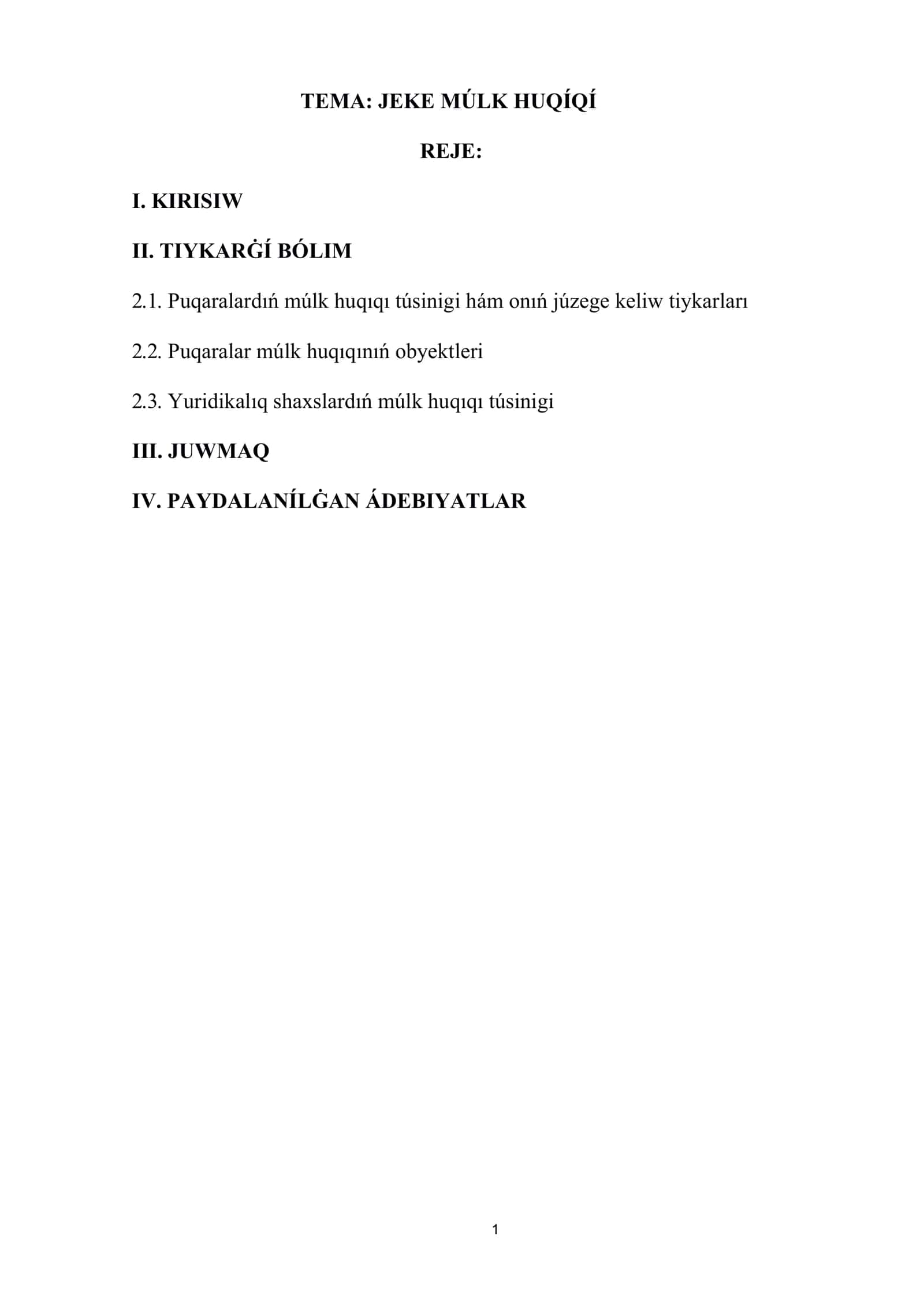 Jeke múlk huqıqı REFERAT