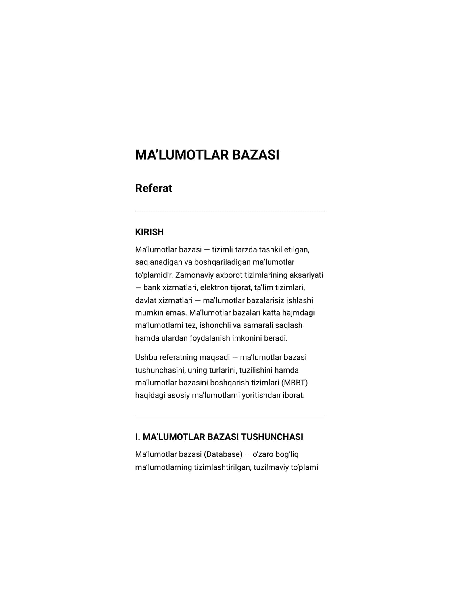 Referat Maʼlumotlar bazasi