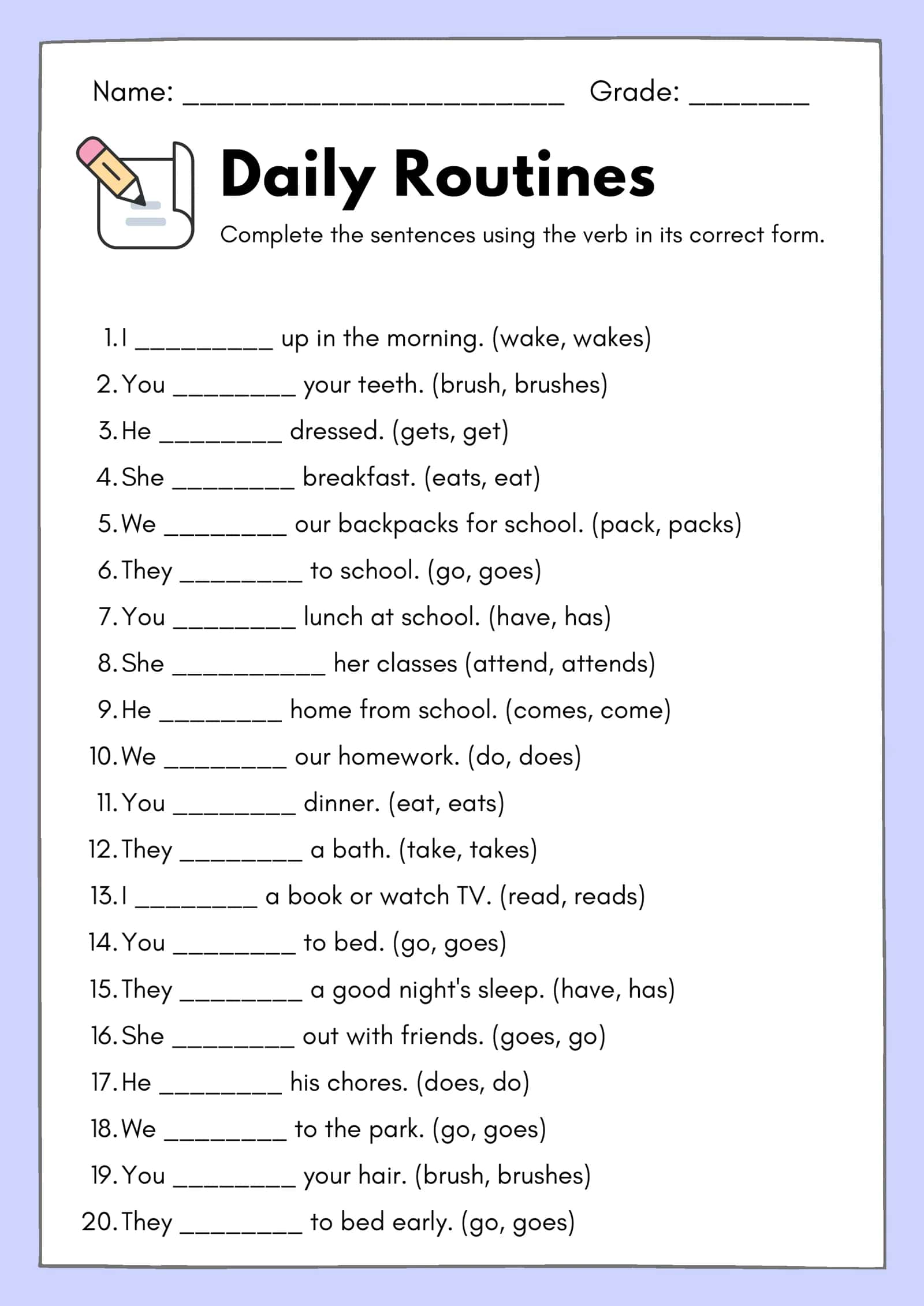 Ingliz tili: Daily Routines (Kundalik yumushlar) — Grammatika va Lug‘at mashqi (A4 PDF)