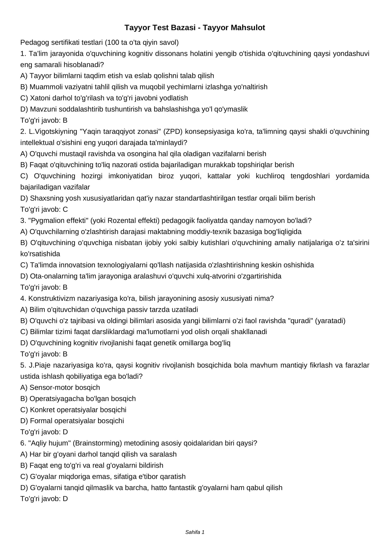 Pedagog sertifikati testlari (100 ta o'ta qiyin savol)