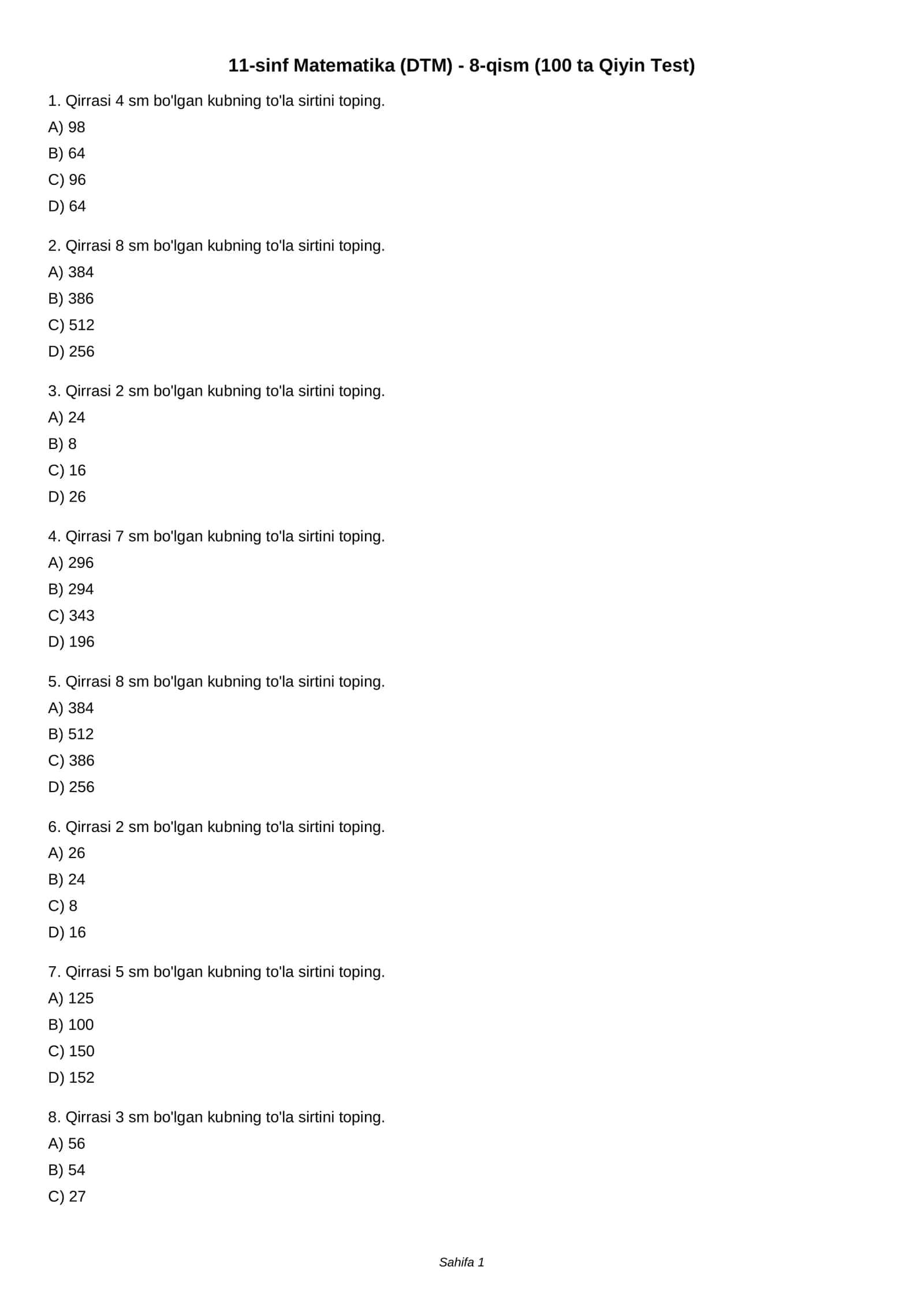 11-sinf Matematika (DTM) - 8-qism (100 ta Qiyin Test)