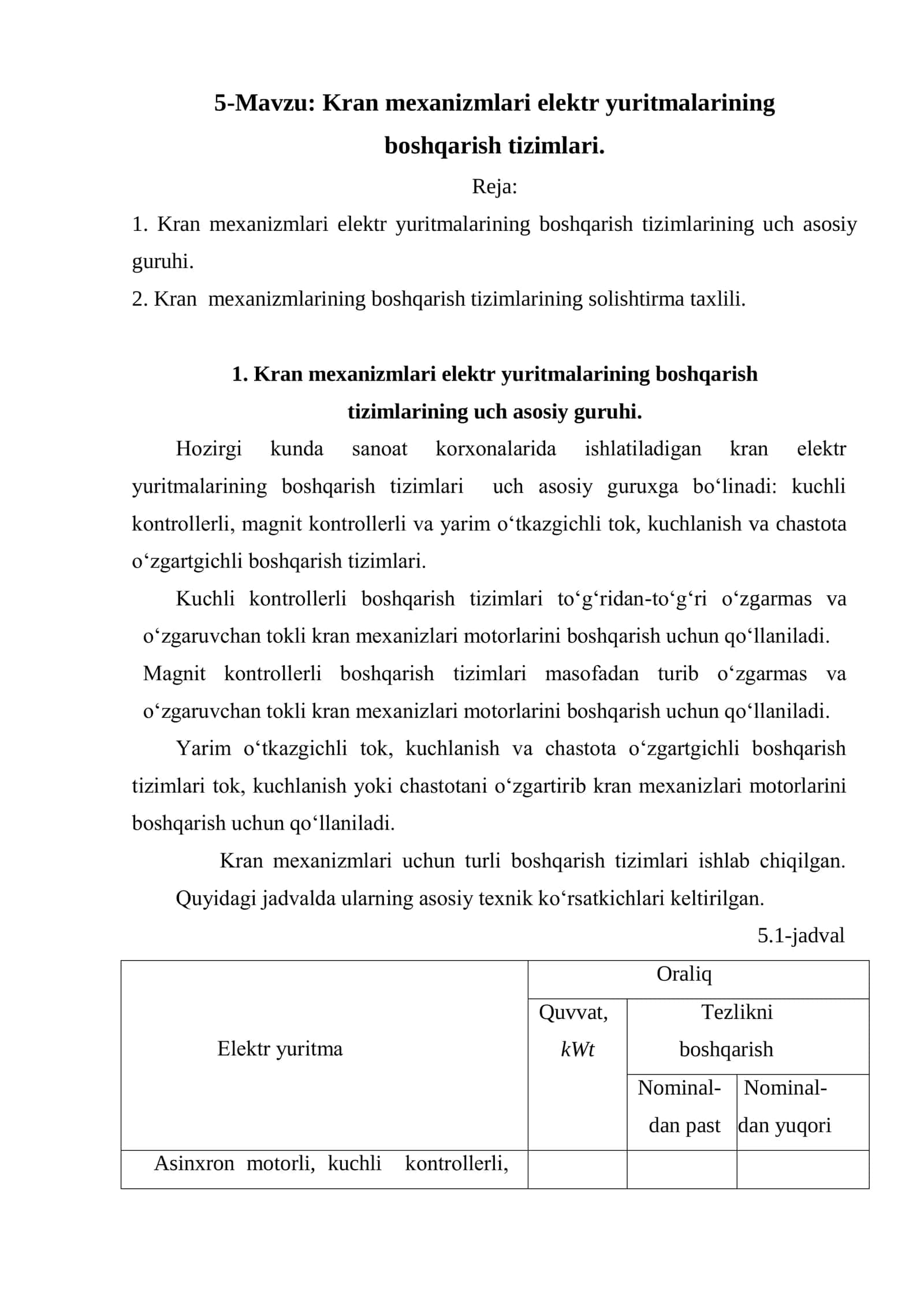 Kran mexanizmlari elektr yuritmalarining boshqarish tizimlari