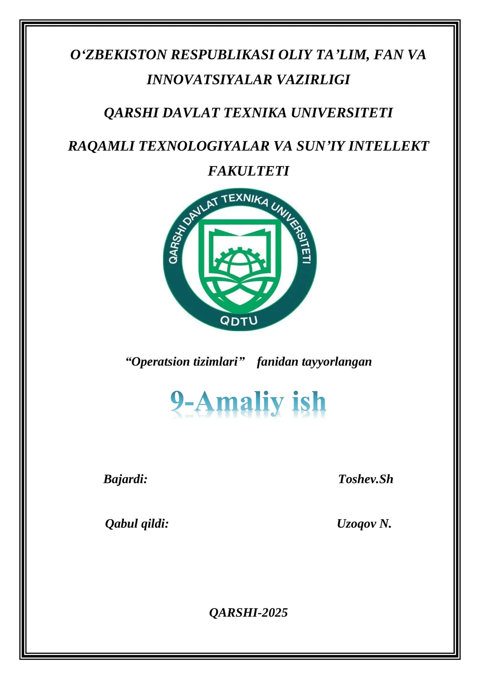 Operatsion tizimlari Mashg'uloti
