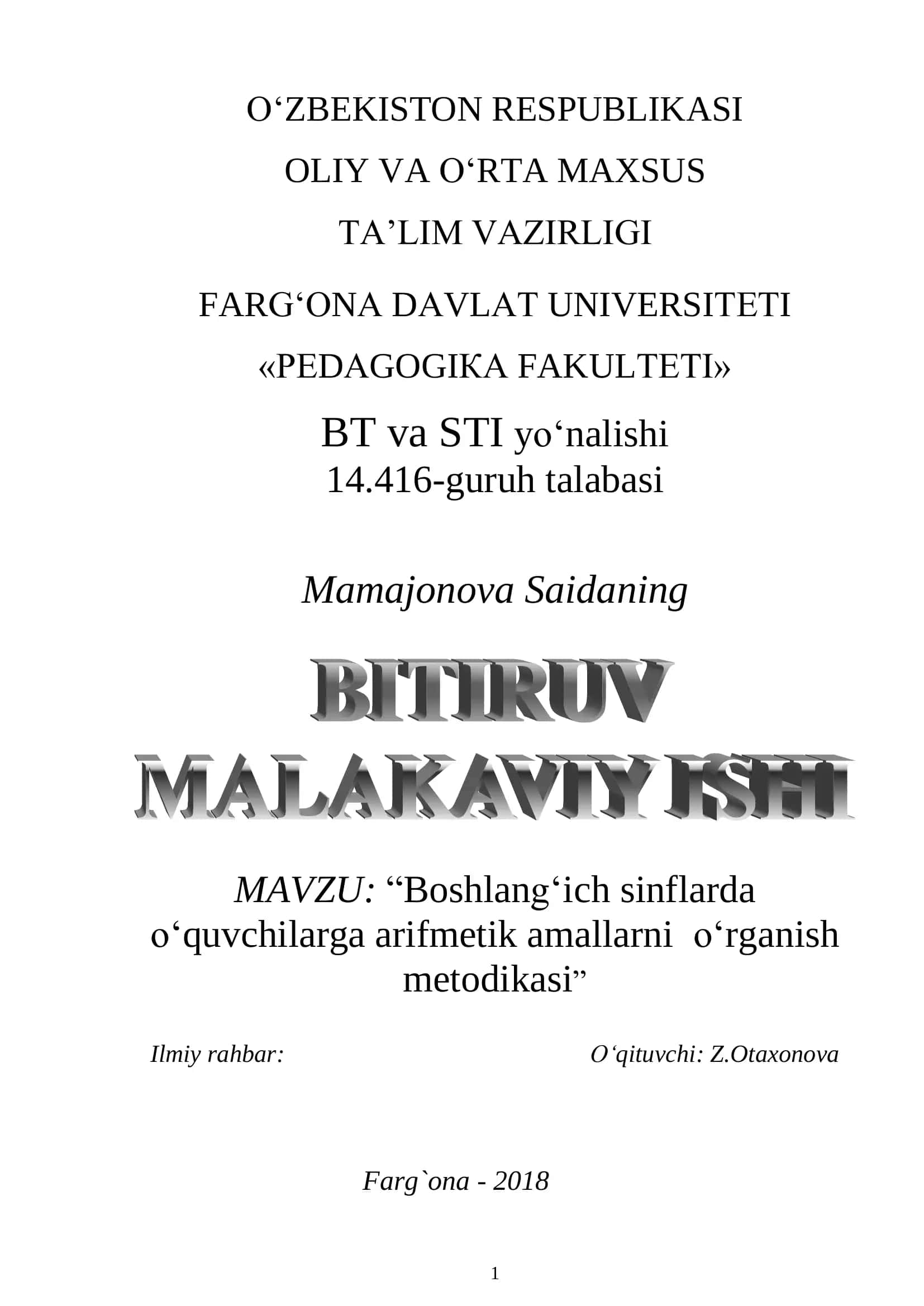 Boshlang‗ich sinflarda o‗quvchilarga arifmetik amallarni o‗rganish metodikasi