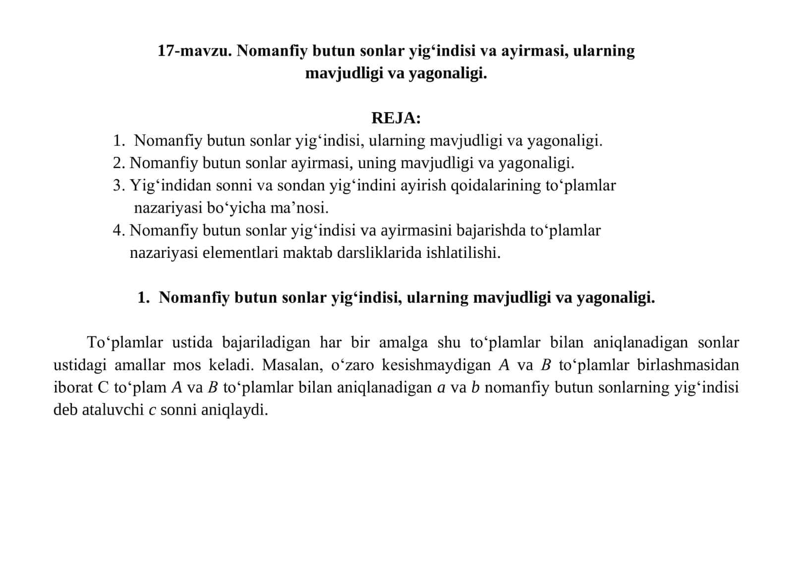 Nomanfiy butun sonlar yig‘indisi va ayirmasi