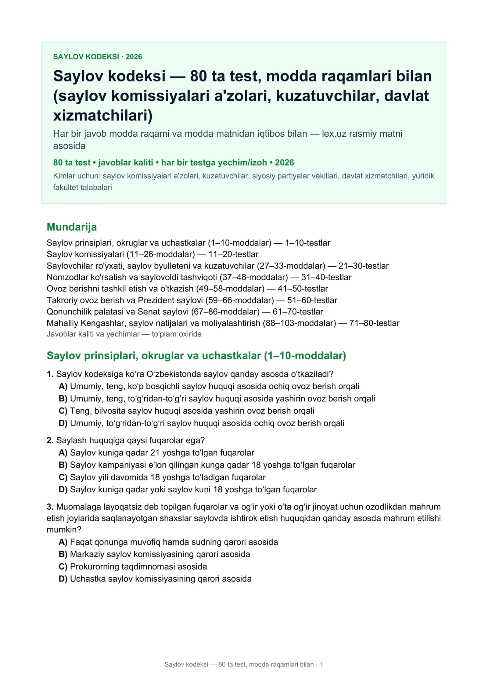 Saylov kodeksi — 80 ta test, modda raqamlari bilan