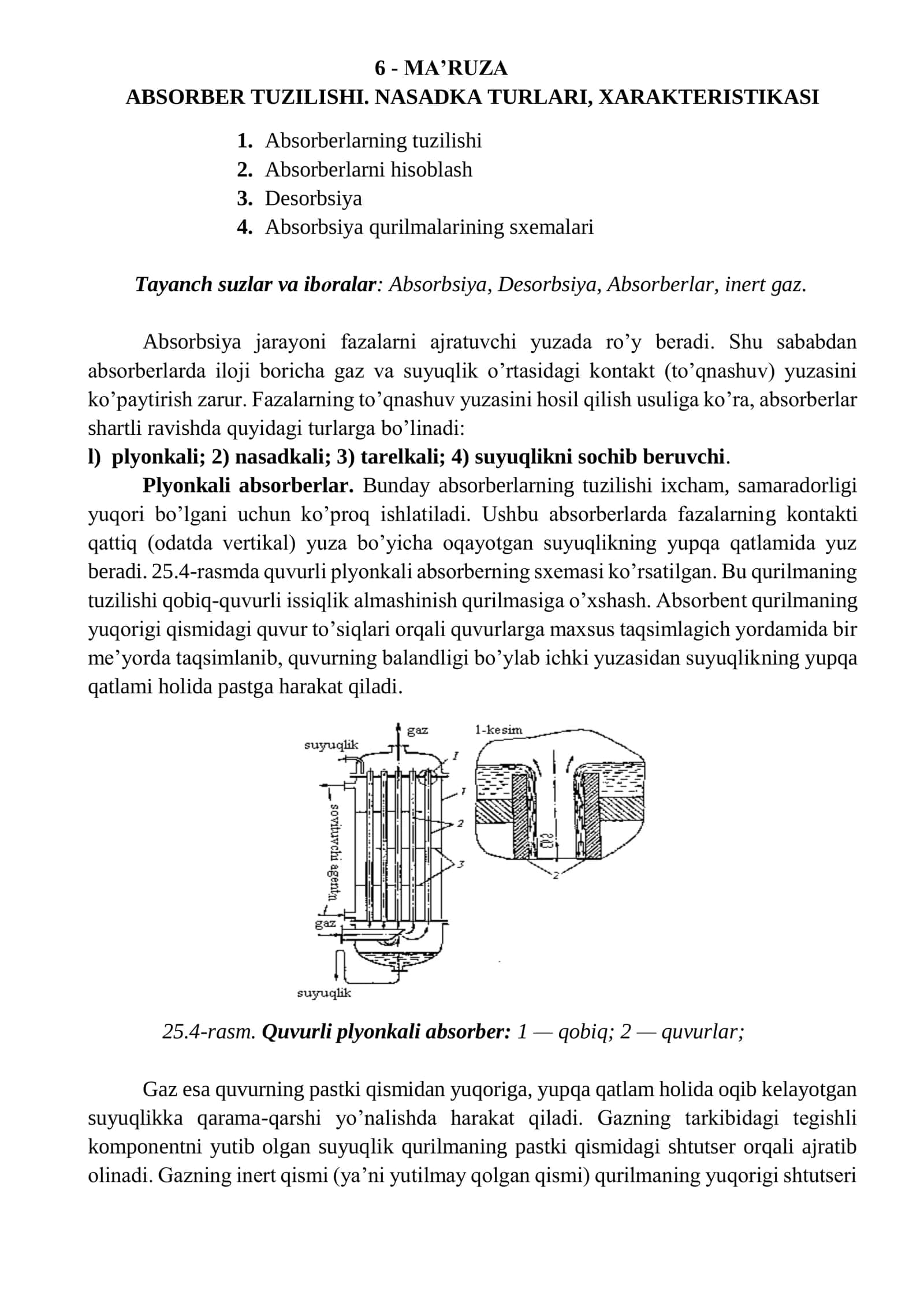ABSORBER TUZILISHI. NASADKA TURLARI, XARAKTERISTIKASI