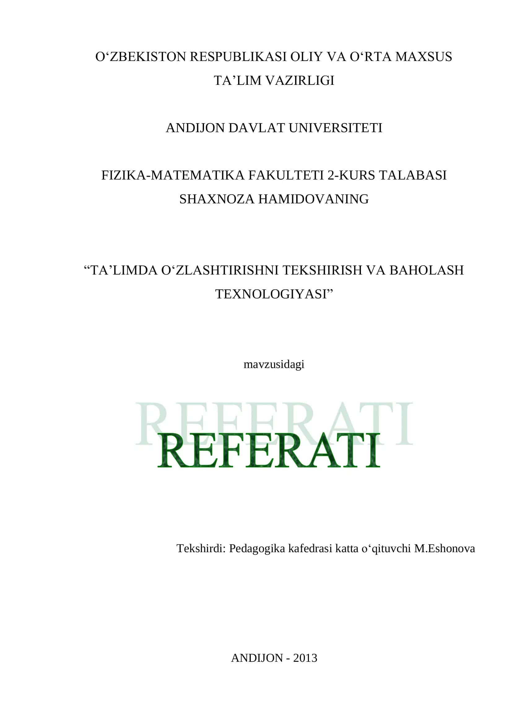 TA’LIMDA O`ZLASHTIRISHNI TEKSHIRISH VA BAHOLASH TEXNOLOGIYASI