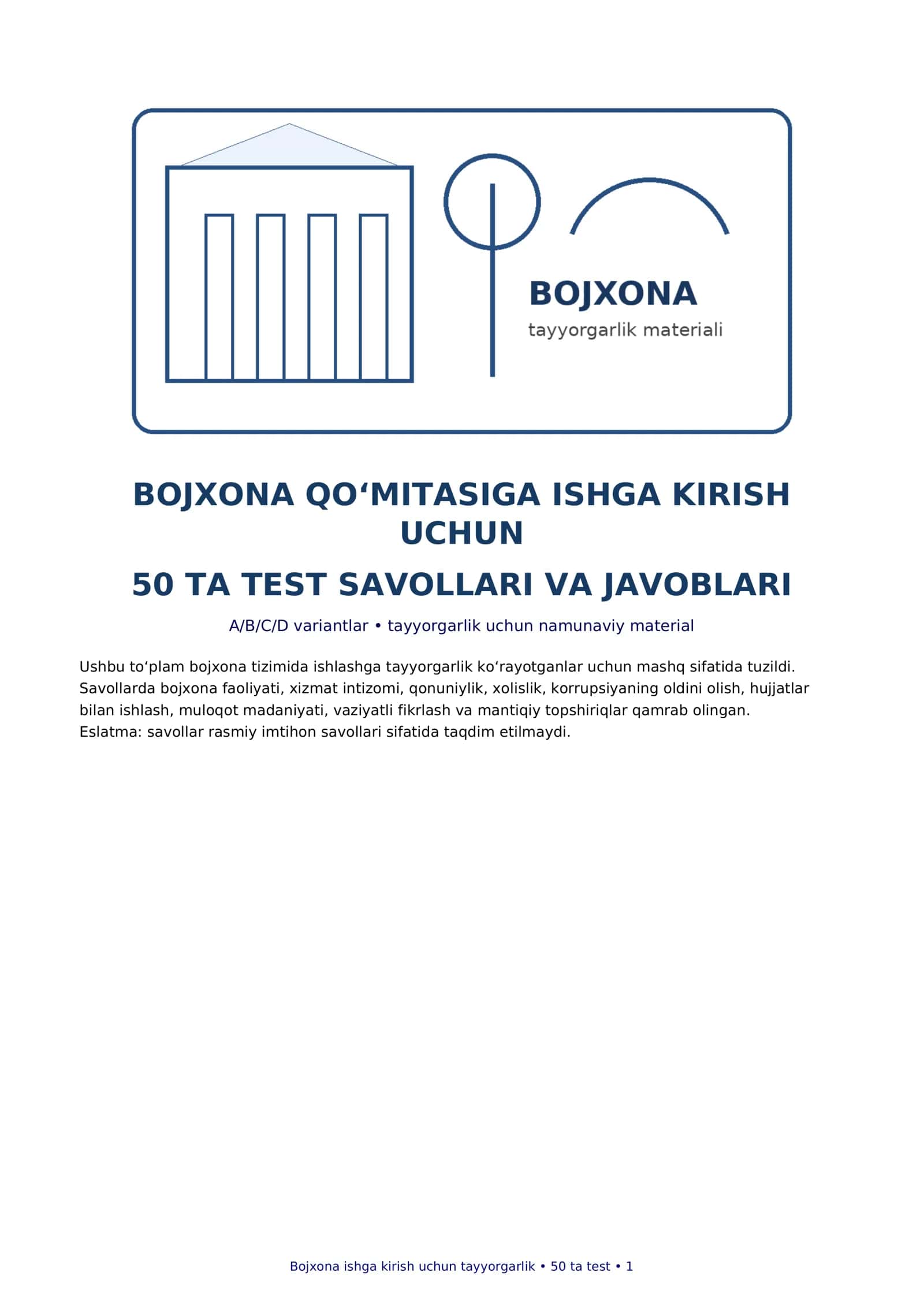 Bojxona qo‘mitasiga ishga kirish uchun  test savollari va javoblari