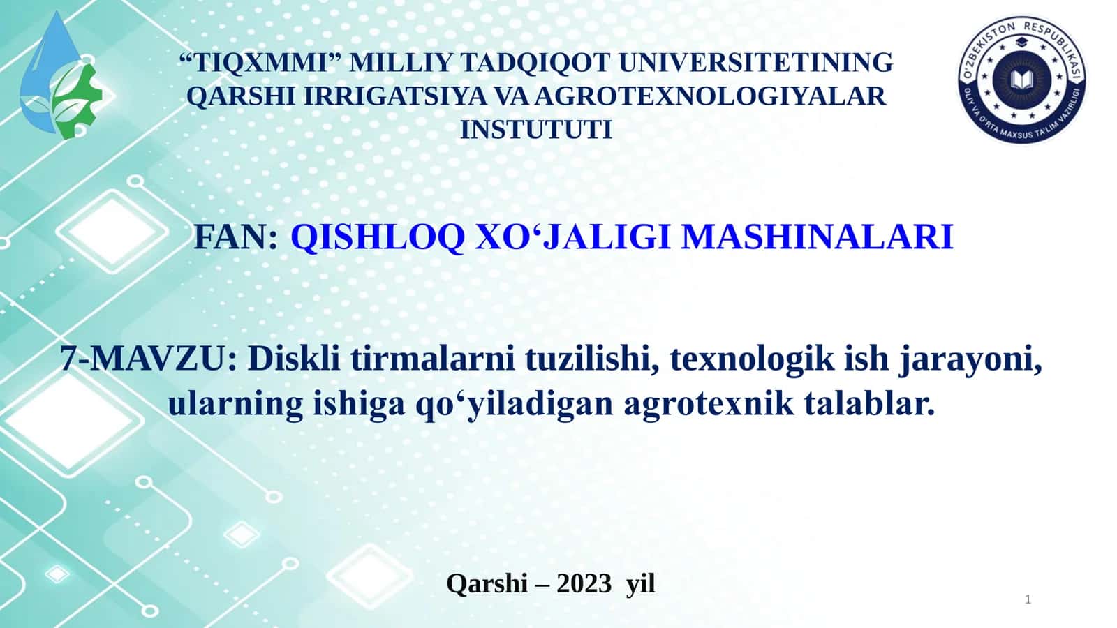 Diskli tirmalarni tuzilishi, texnologik ish jarayoni, ularning ishiga qo‘yiladigan agrotexnik talablar