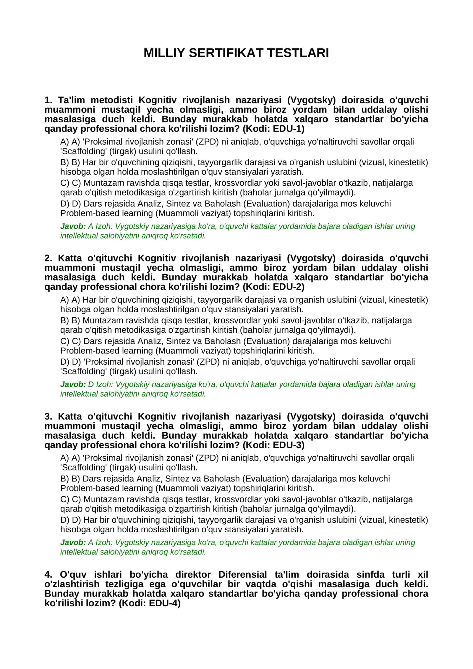 MILLIY SERTIFIKAT TESTLARI