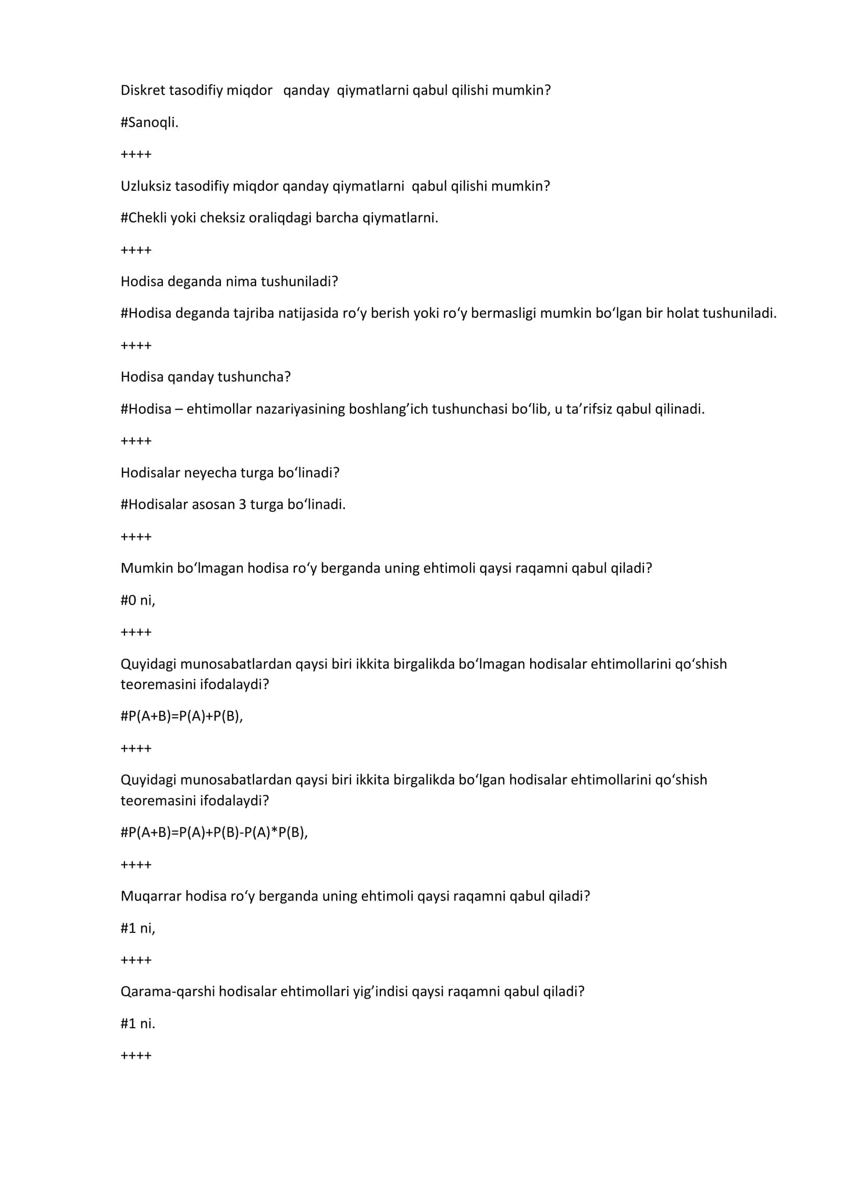 Ehtimollik nazariyasi test savollari javoblari