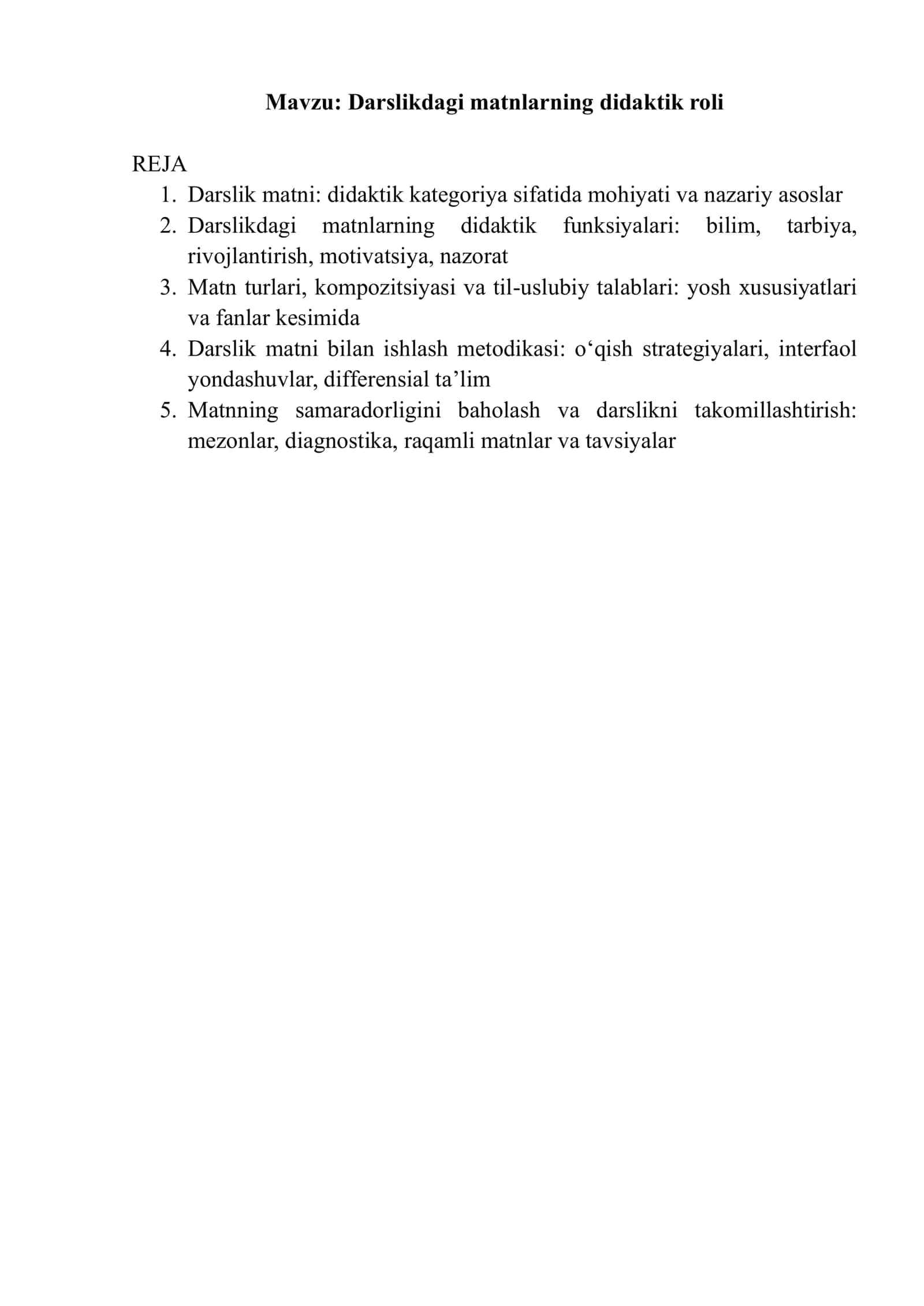Darslikdagi matnlarning didaktik roli