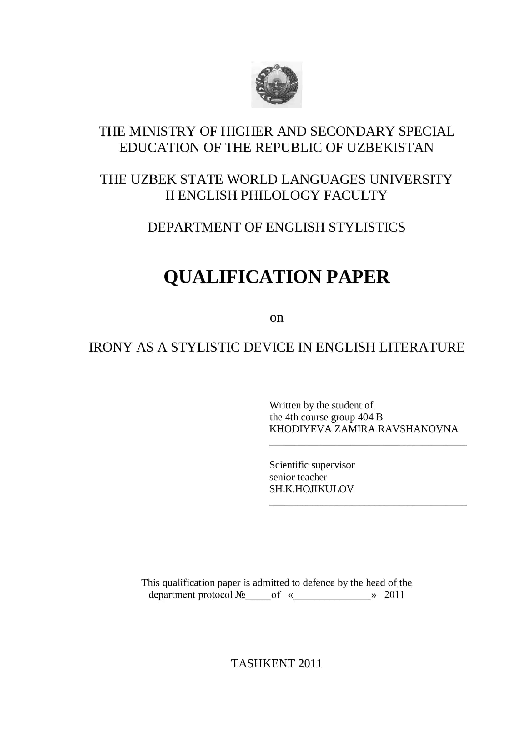 QUALIFICATION PAPER on IRONY AS A STYLISTIC DEVICE IN ENGLISH LITERATURE