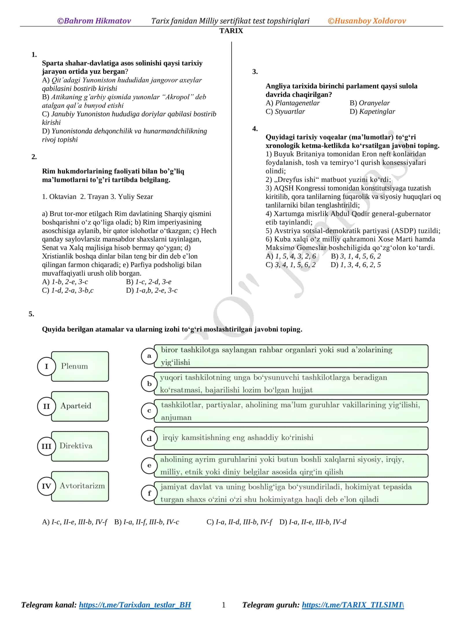 Tarix fanidan Milliy sertifikat test topshiriqlari