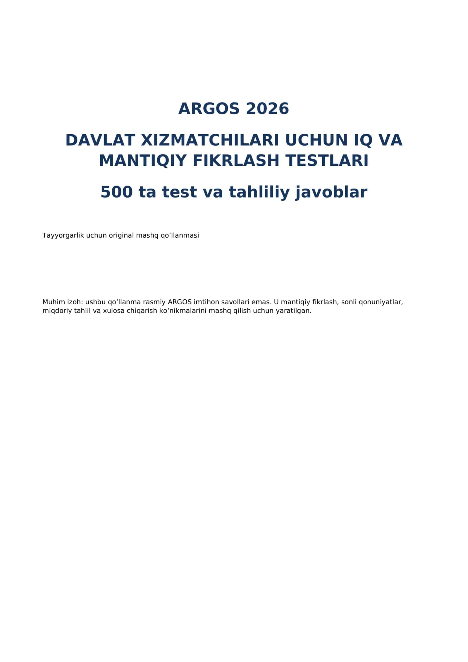 ARGOS 2026: Davlat xizmatchilari uchun IQ va Mantiqiy fikrlash testlari + to'liq tahliliy javoblar
