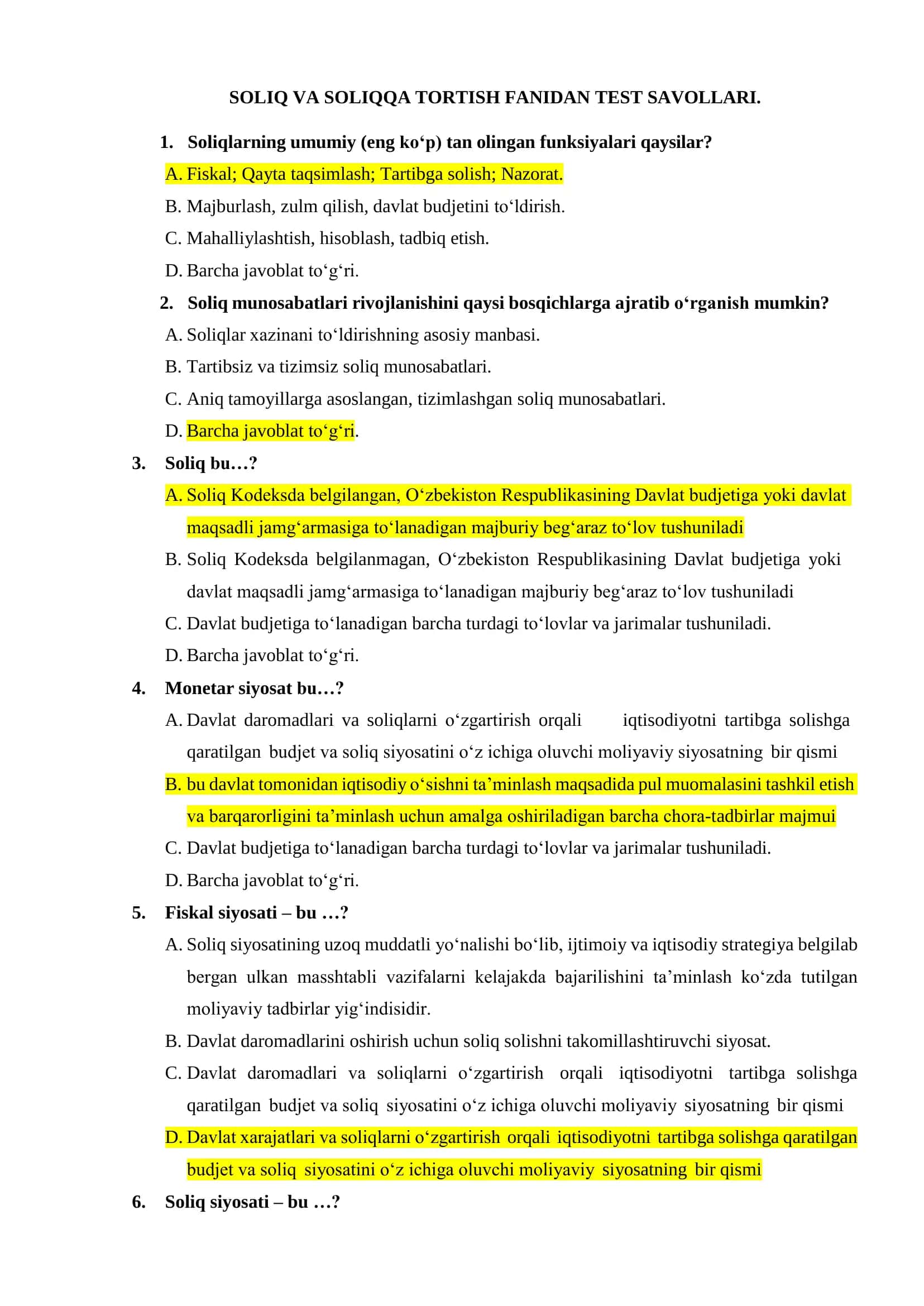 SOLIQ VA SOLIQQA TORTISH FANIDAN TEST SAVOLLARI