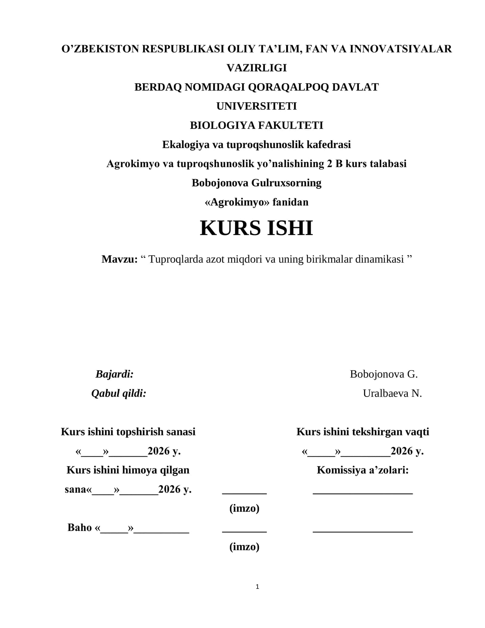 Tuproqlarda azot miqdori va uning birikmalar dinamikasi