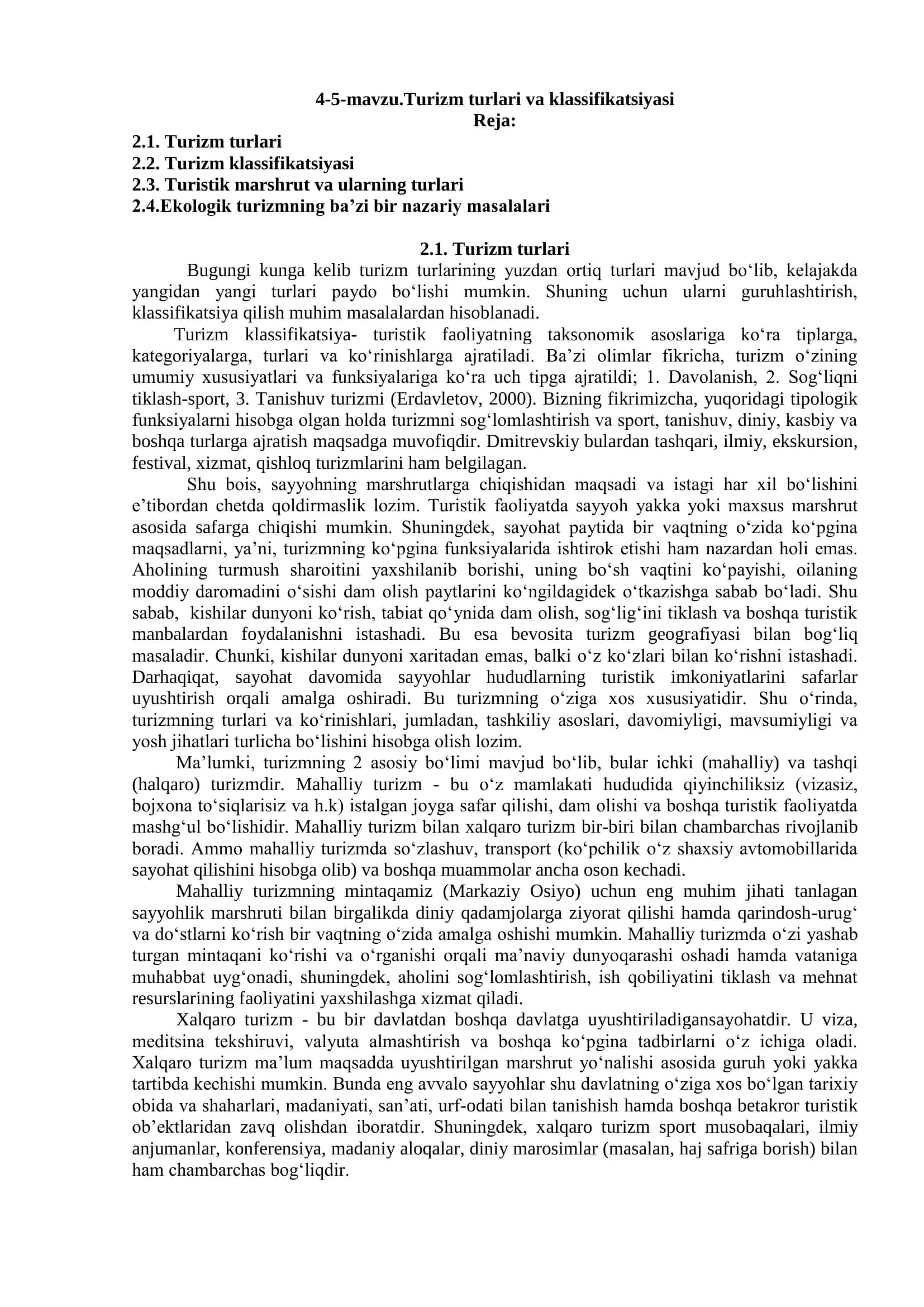 Turizm turlari va klassifikatsiyasi