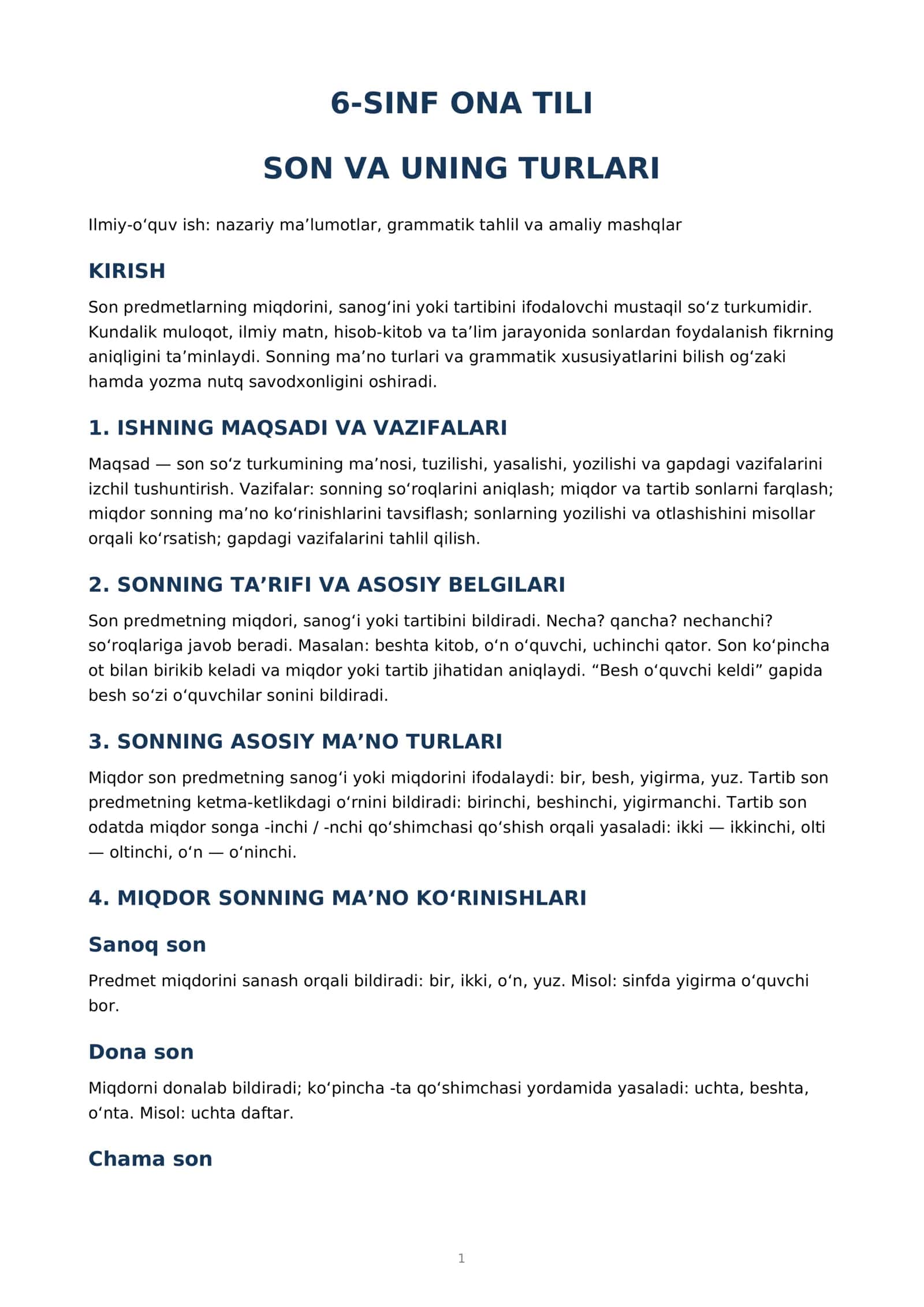 6-SINF ONA TILI — “SON VA UNING TURLARI”
