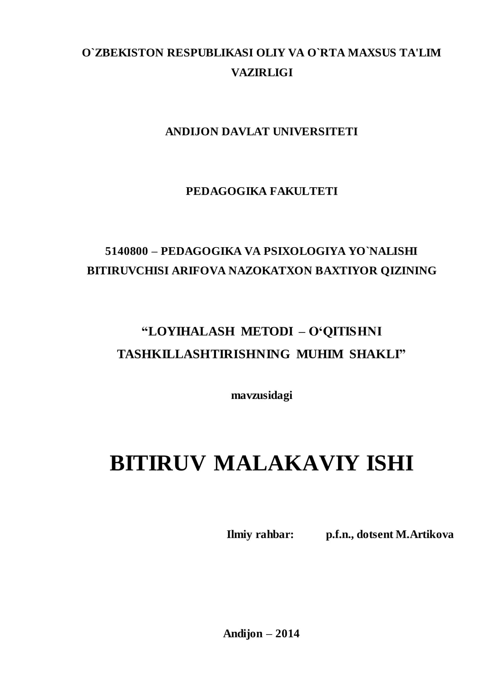 LOYIHALASH METODI – O„QITISHNI TASHKILLASHTIRISHNING MUHIM SHAKLI