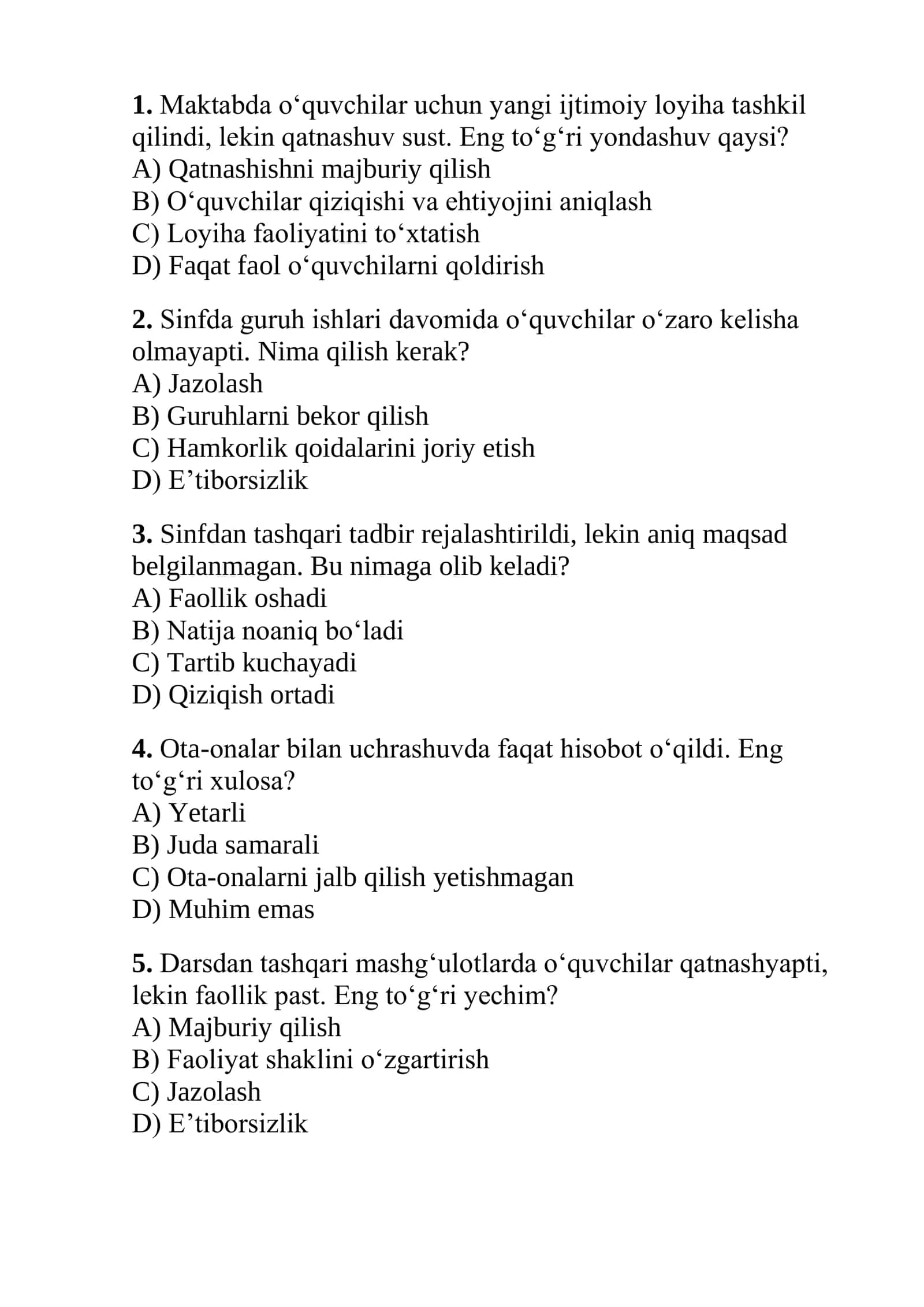 Maktab maslahatchilari uchun testlar to'plami 2026