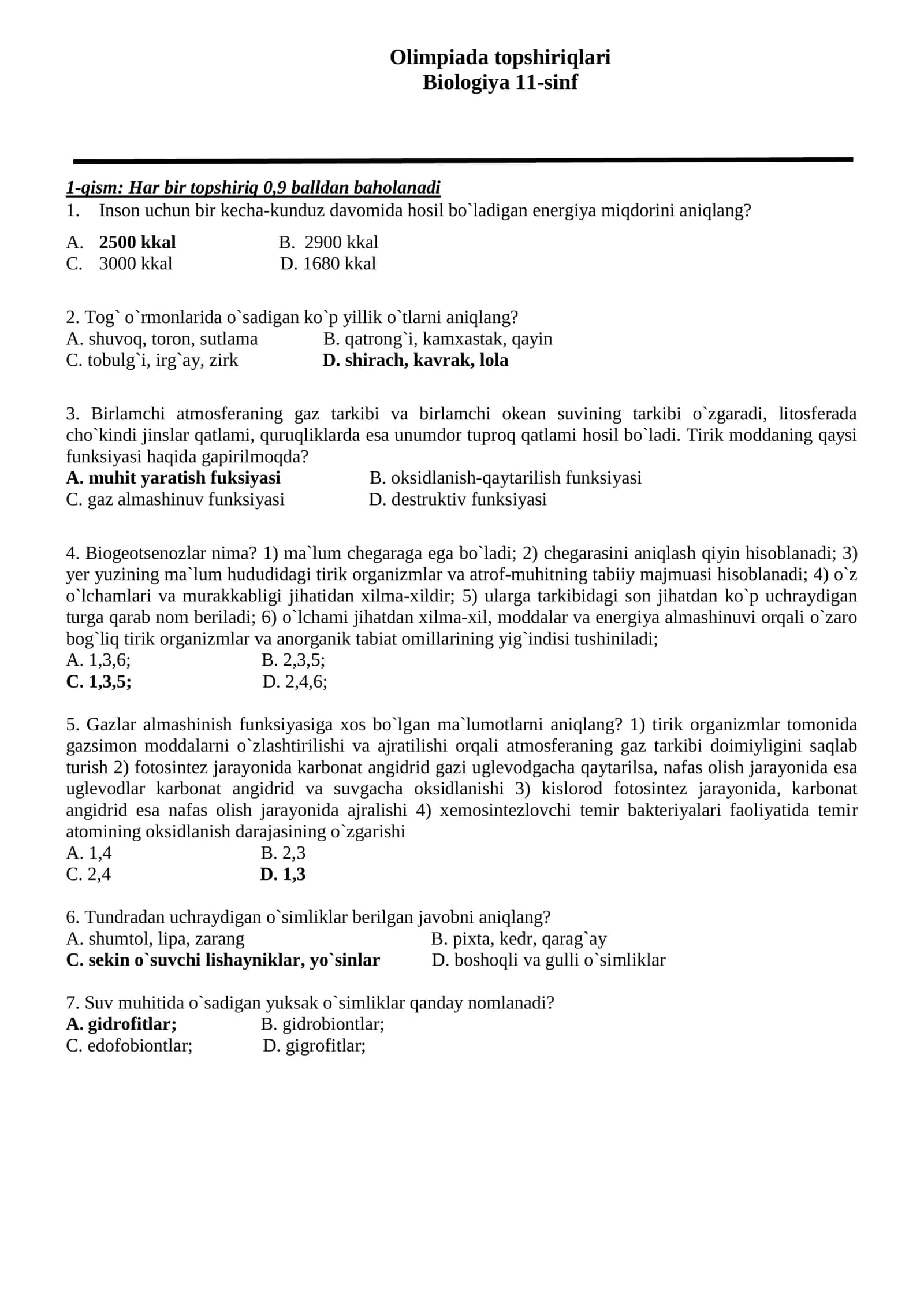 Biologiya fanidan 11-sinflar uchun test savol javoblari bilan 1