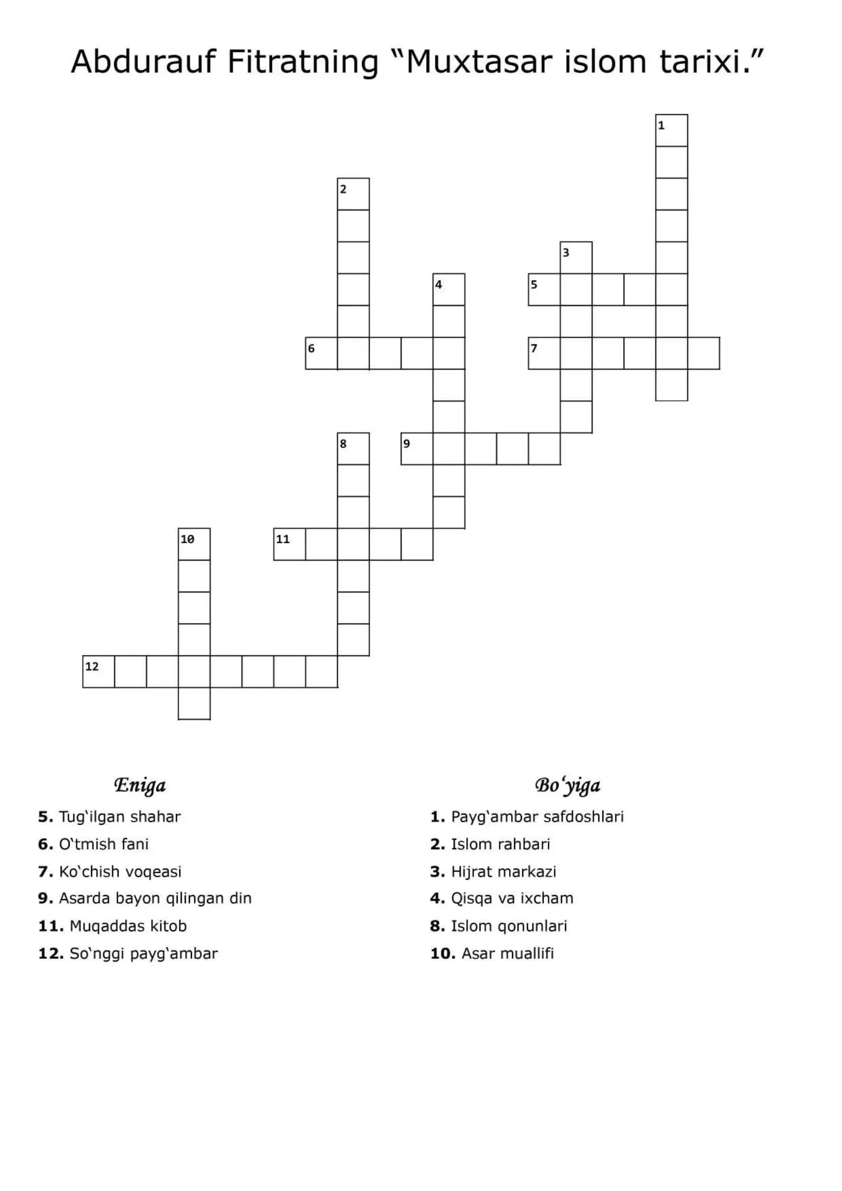 Abdurauf Fitratning Muxtasar islom tarixi bo'yicha krossword