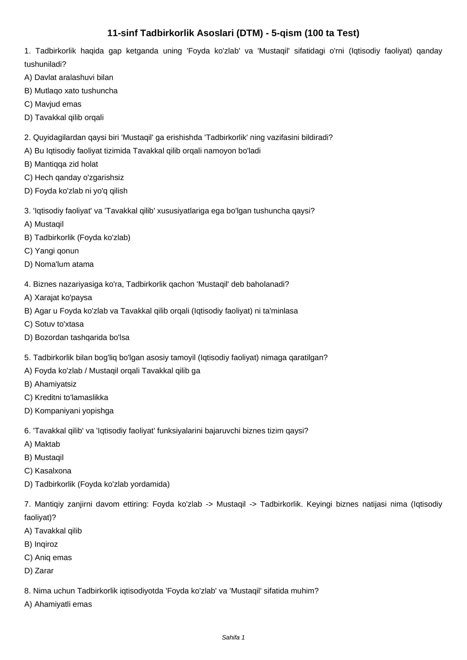 11-sinf Tadbirkorlik Asoslari (DTM) - 5-qism (100 ta Test)