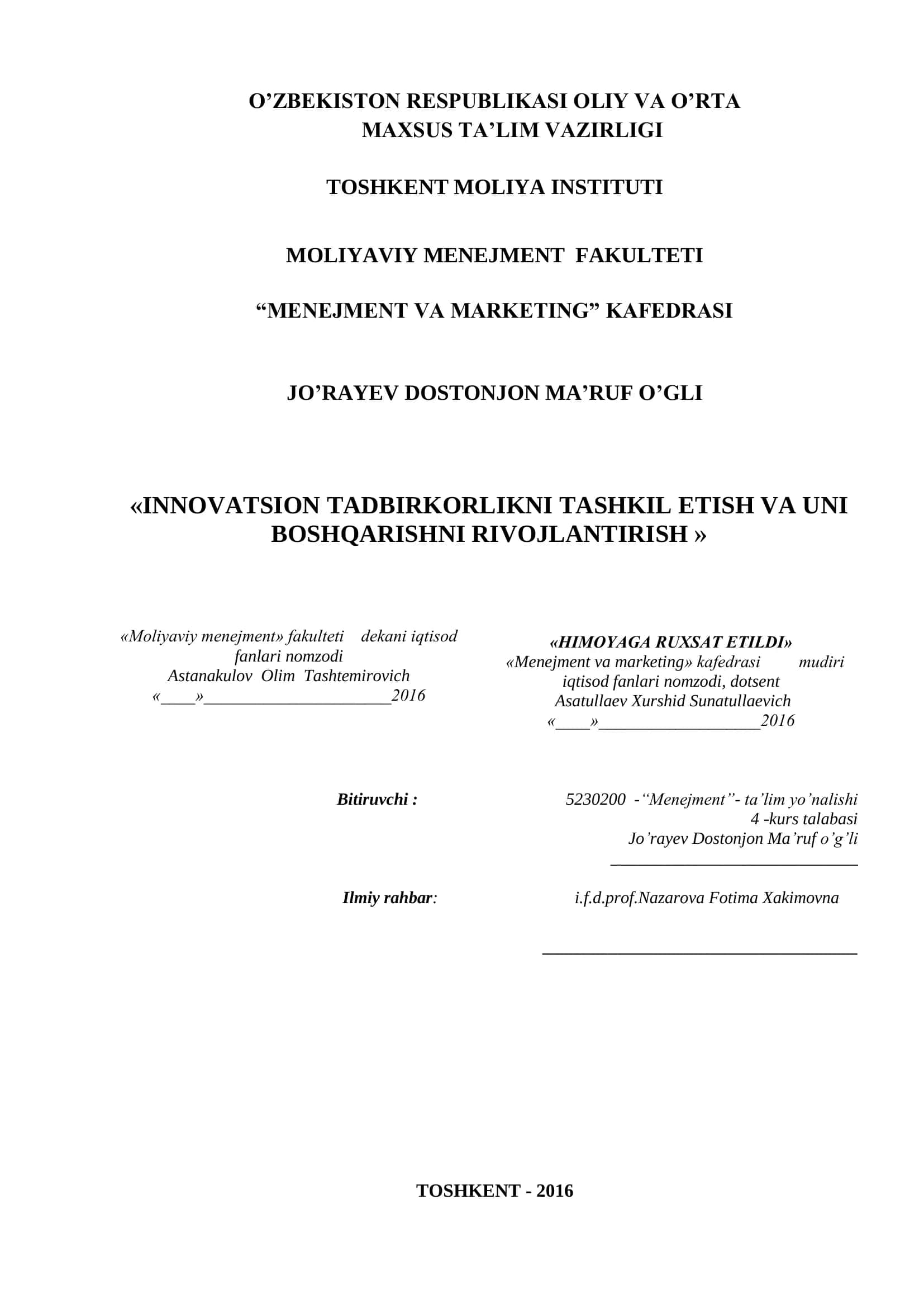 INNOVATSION TADBIRKORLIKNI TASHKIL ETISH VA UNI