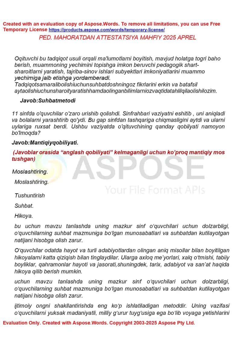 PED MAHORATDAN ATTESTATSIYA MAHFIY 2025-2026