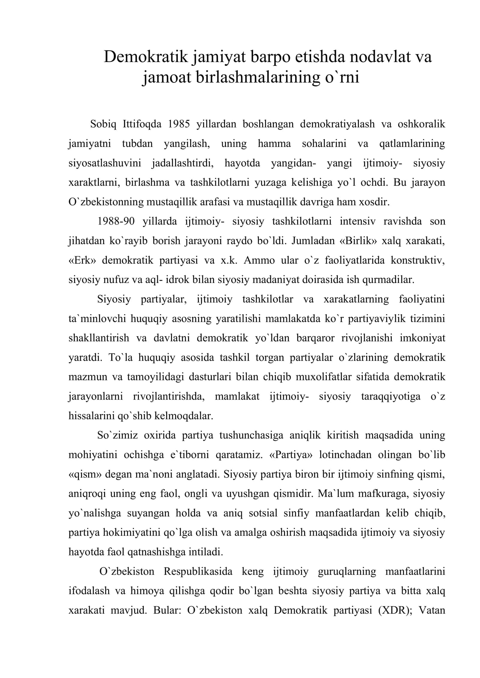 Dеmokratik jamiyat barpo etishda nodavlat va jamoat birlashmalarining o`rni