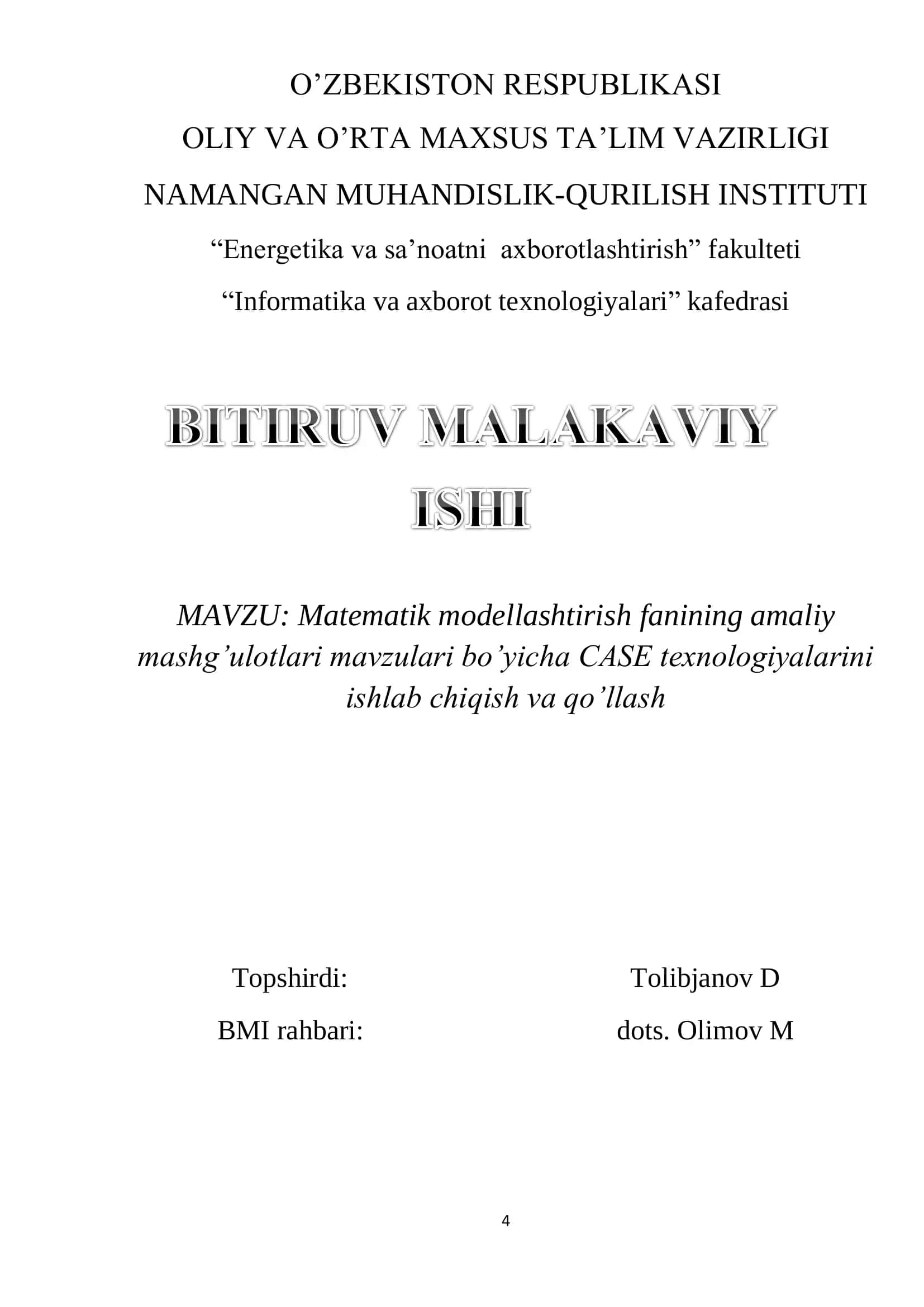 Matematik modellashtirish fanining amaliy mashg’ulotlari