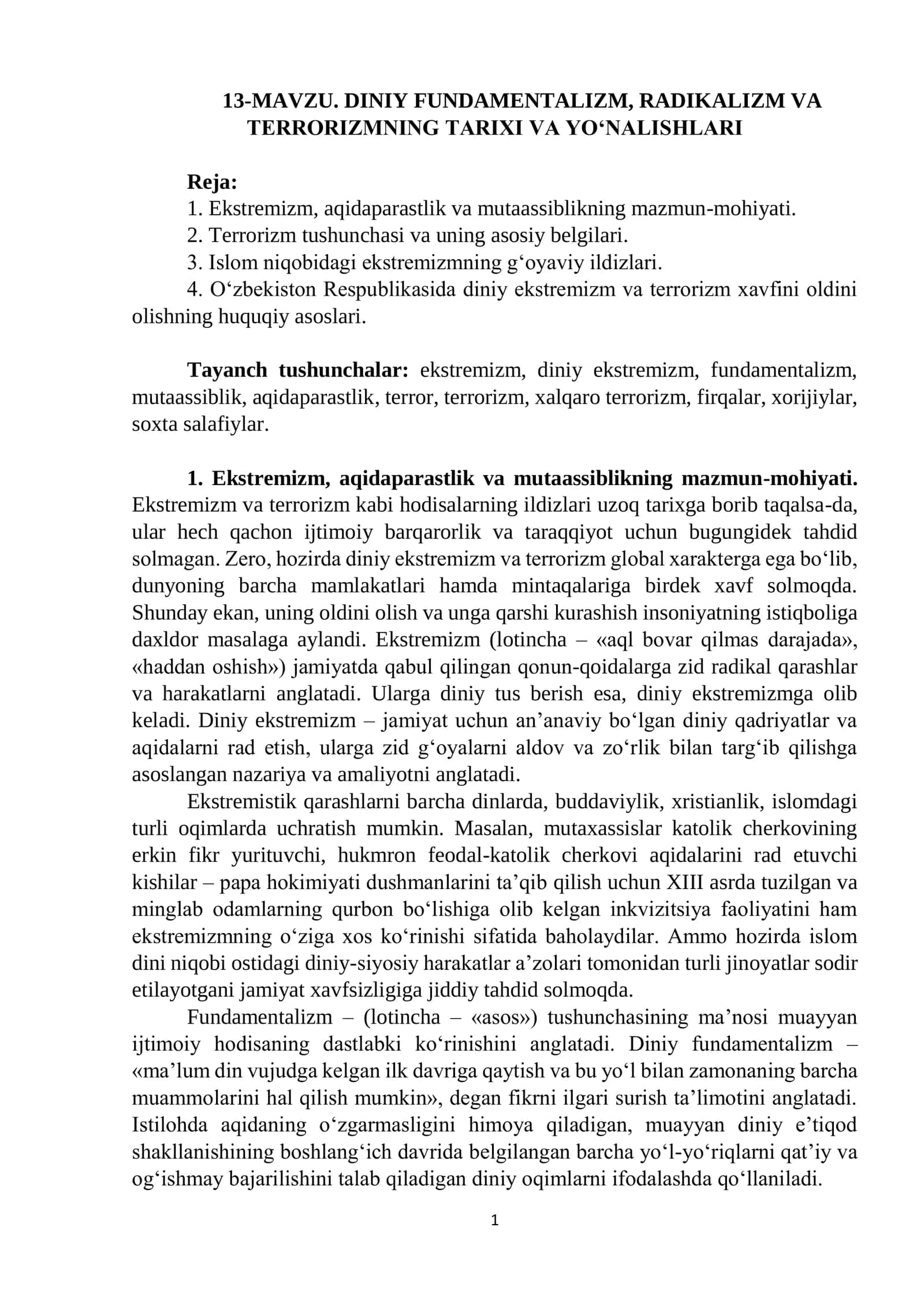 DINIY FUNDAMENTALIZM, RADIKALIZM VA TERRORIZMNING TARIXI VA YO‘NALISHLARI
