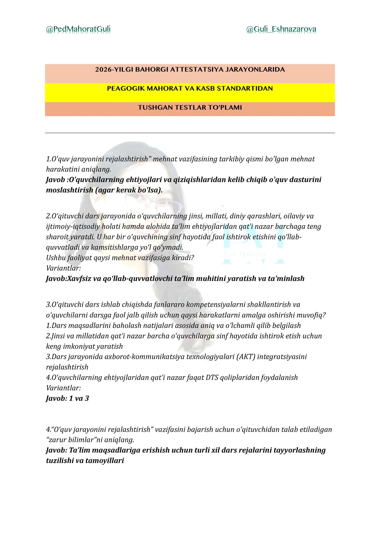 2026-YILGI BAHORGI ATTESTATSIYA JARAYONLARIDA PEAGOGIK MAHORAT VA KASB STANDARTIDAN TUSHGAN TESTLAR TO’PLAMI
