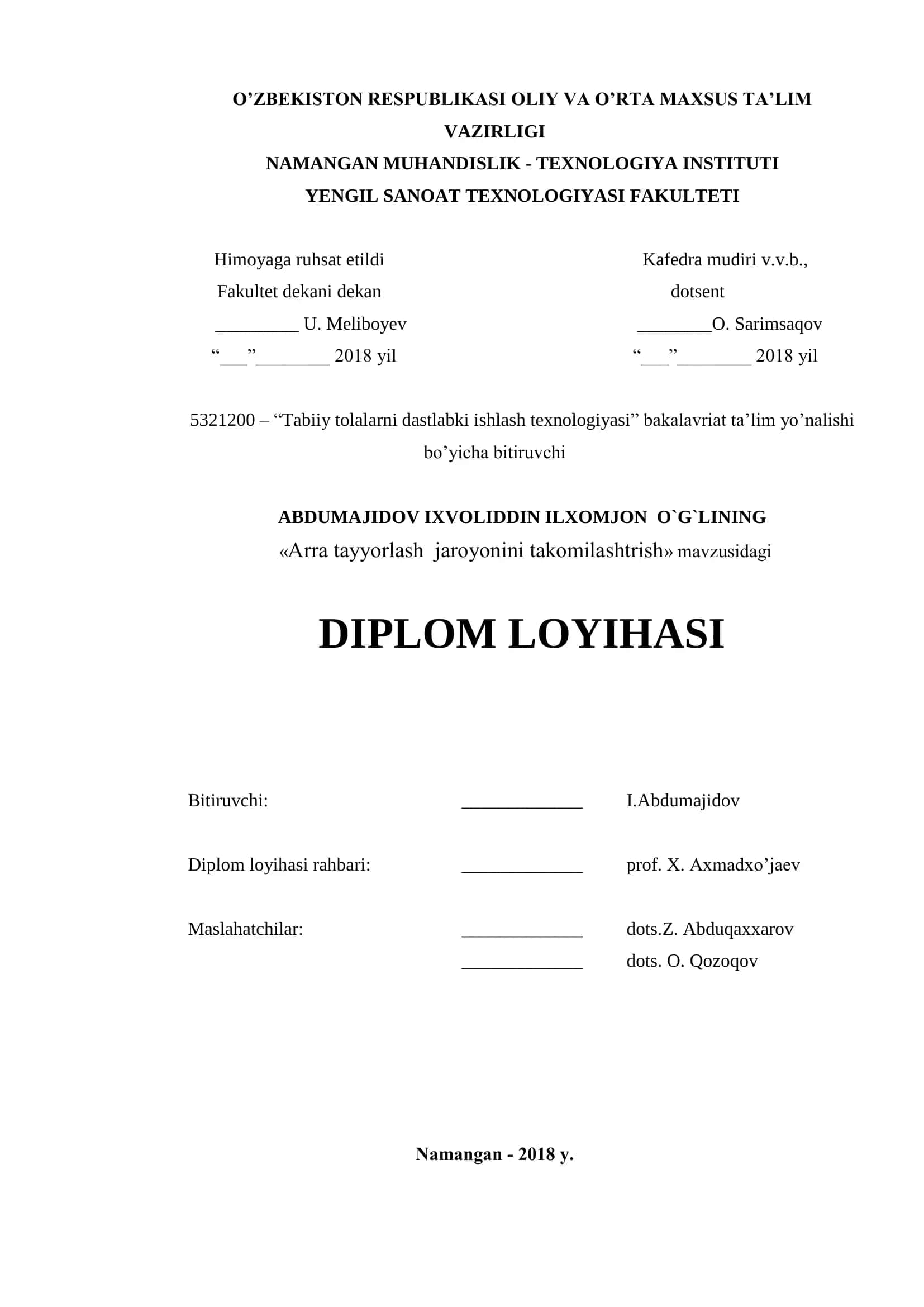 Tabiiy tolalarni dastlabki ishlash texnologiyasi