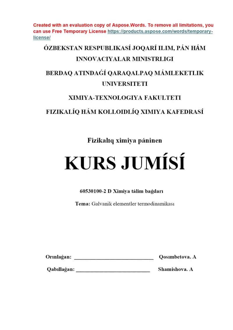 Galvanik elementler termodinamikası kurs jumısı