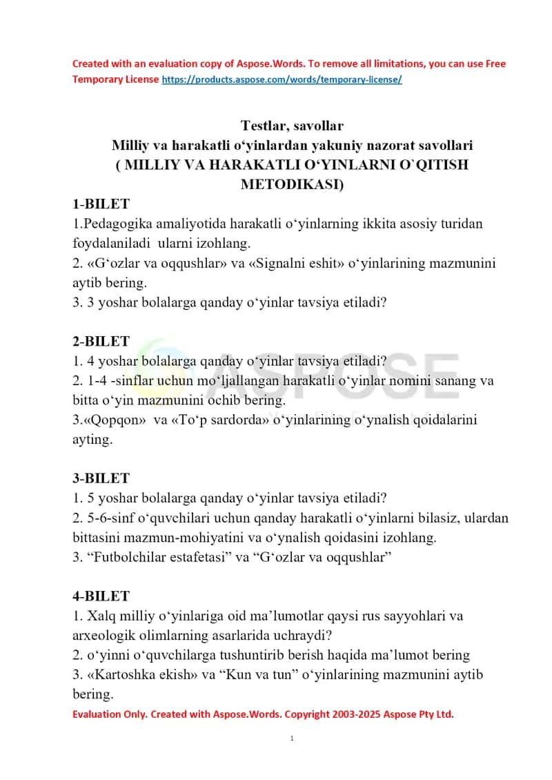 Milliy va harakatli o‘yinlarni o‘qitish metodikasi: yakuniy nazorat savollari