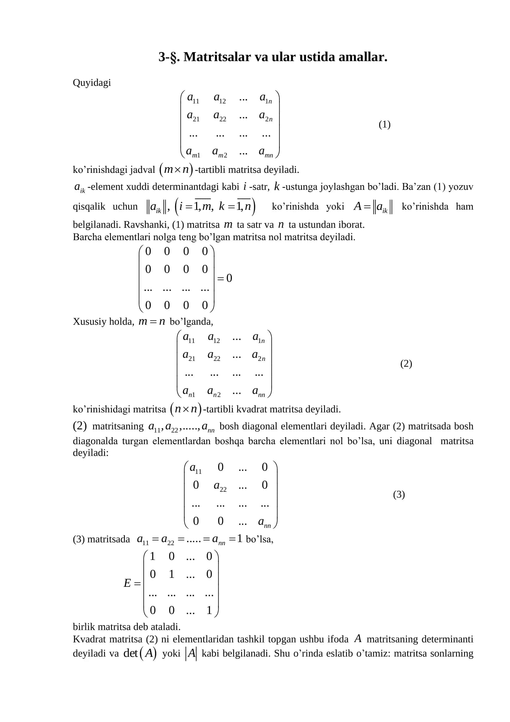 3-§. Matritsalar va ular ustida amallar.