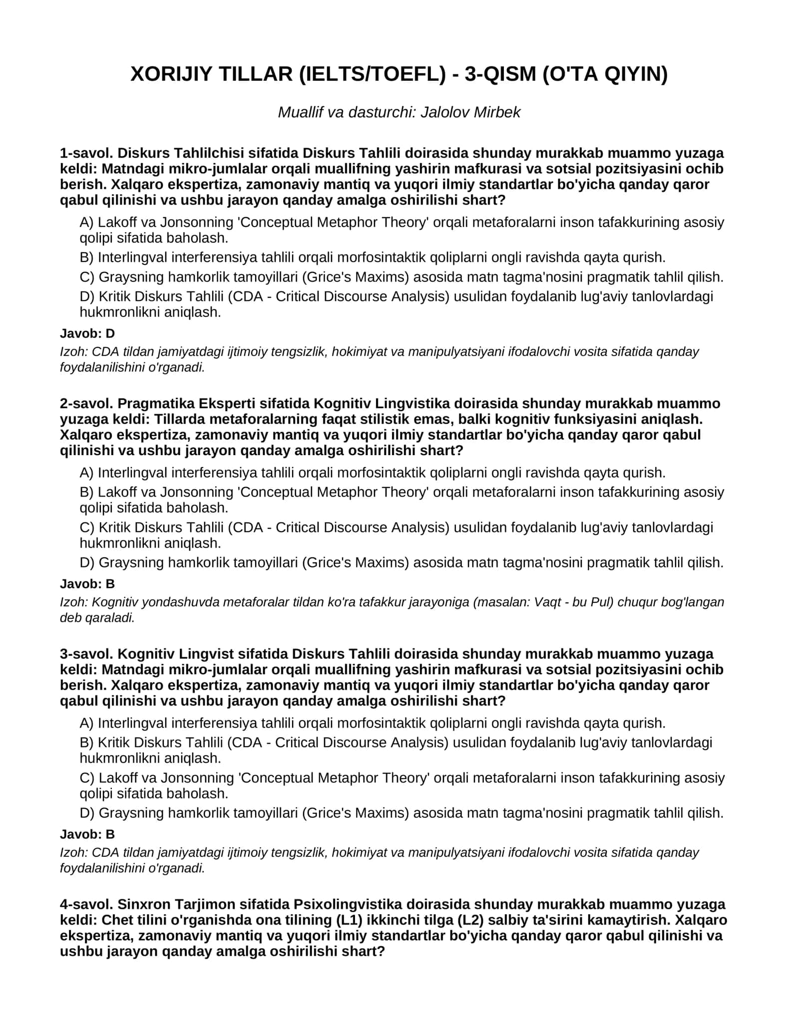XORIJIY TILLAR (IELTS/TOEFL) - 3-QISM (O'TA QIYIN)
