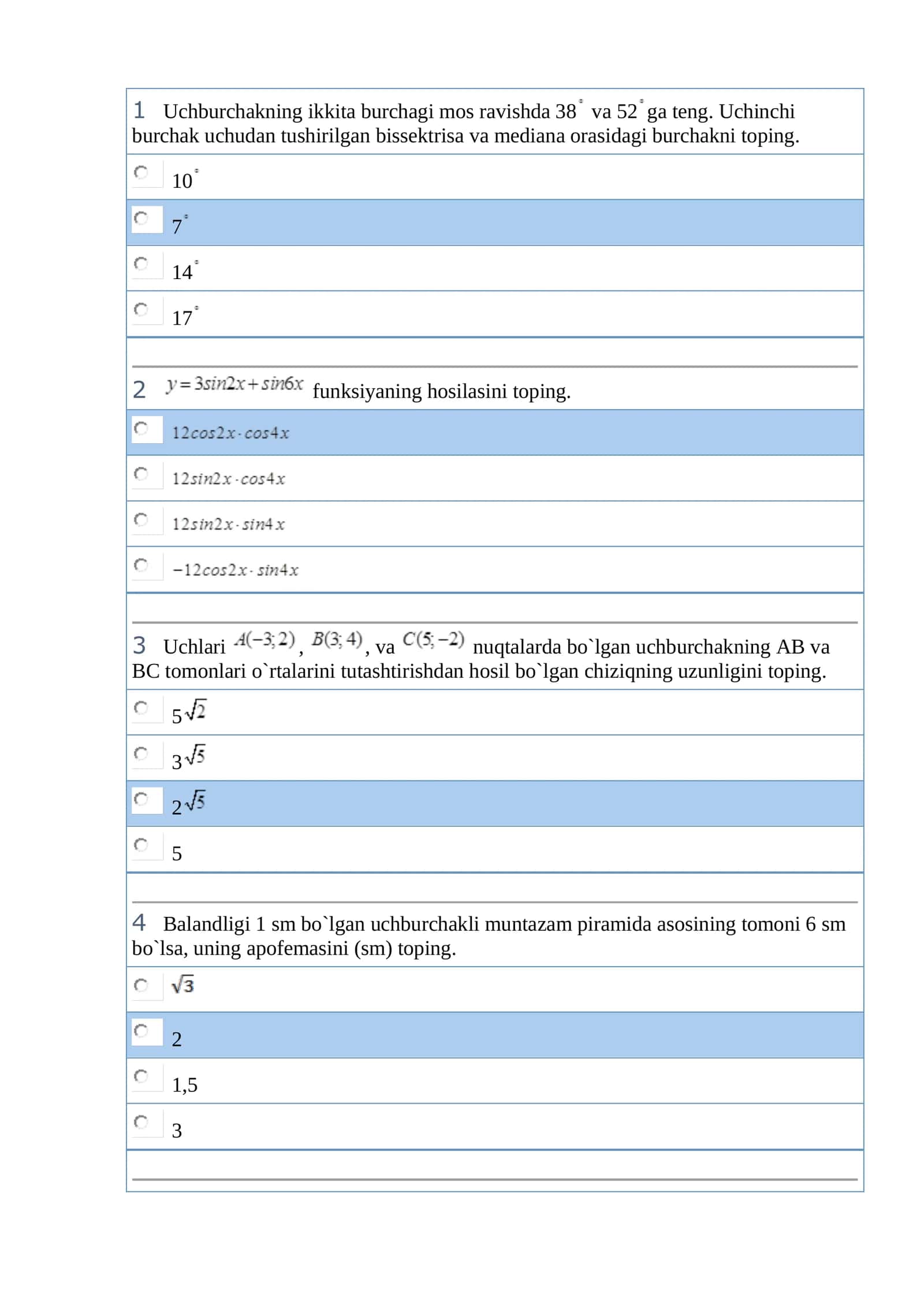 Matematika fanidan atestatsiya savollari va javoblari.